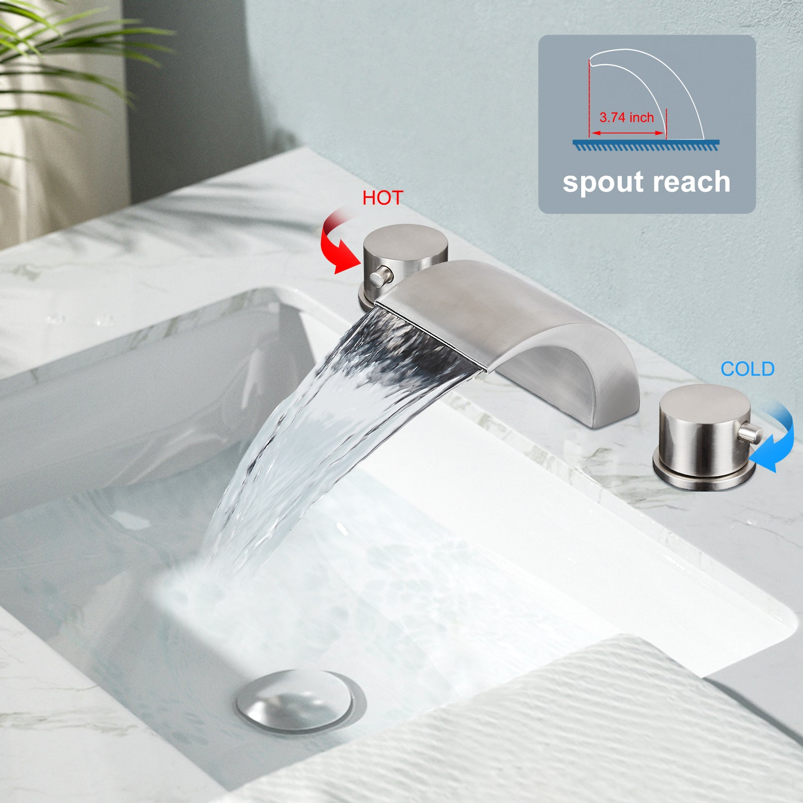 Heyalan Bathroom Widespread Sink Faucet Waterfall Spout 8 16 Inch Dual Handles Three Holes Deck Mount Pop Up Drain with Overflow Bathtub Basin Mixer Tap Commercial