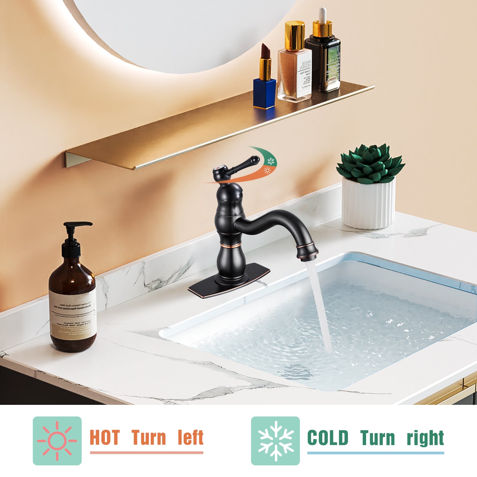 Bathroom Sink Faucet 1 Hole Single Handle Vanity Mixer Tap Deck Mount Lavatory Pop Up Drain with Overflow Included Commercial