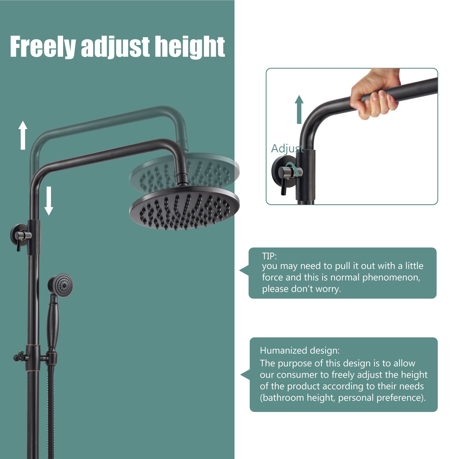 Heyalan Dual Functions Exposed Pipe Shower System Round Rainfall 8 Inch Shower Head Brass Fixture Combo Set 2 Handles with Handheld Sprayer Bathroom Shower Faucet Adjustable Shower Bar