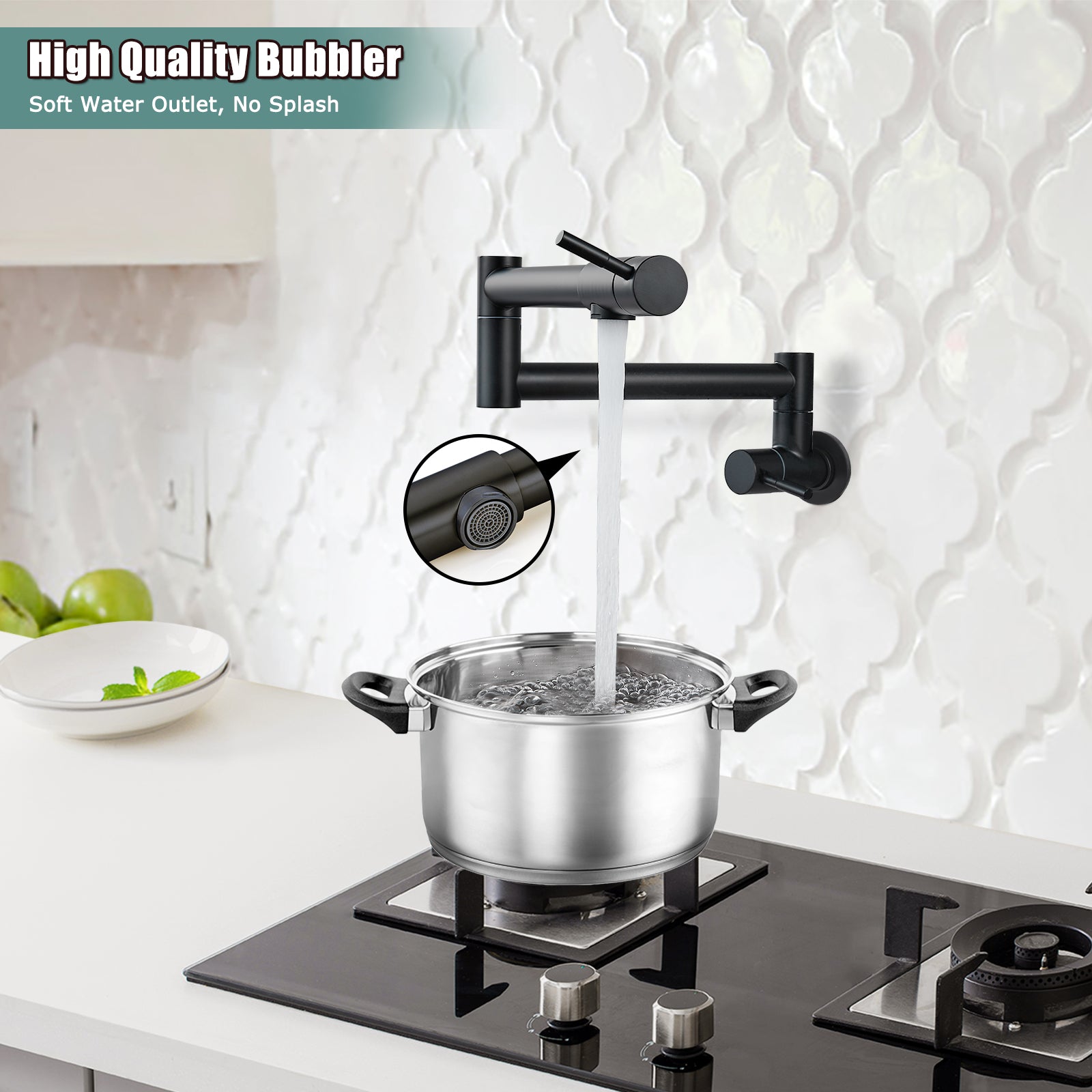 Heyalan Pot Filler Faucet Wall Mounted Folding Stretchable Kitchen Faucet 1 Hole with Double Joint Swing Arms 2 Handles NPT Stainless Steel Separated Thread
