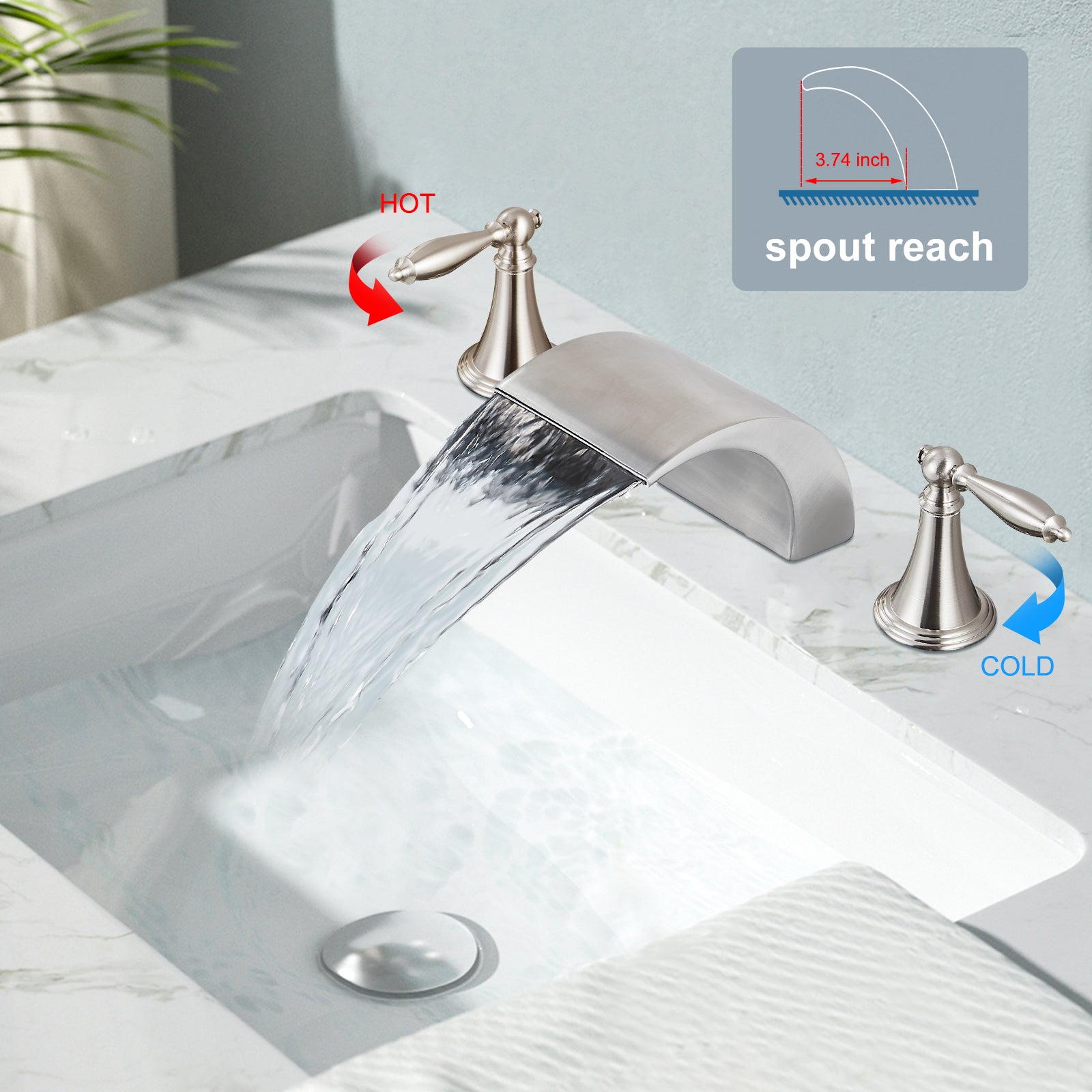 Waterfall Bathroom Sink Faucet Widespread 8-16 Inch 2 Handles 3 Holes Basin Mixer Tap Commercial Deck Mounted Pop Up Drain with Overflow Included
