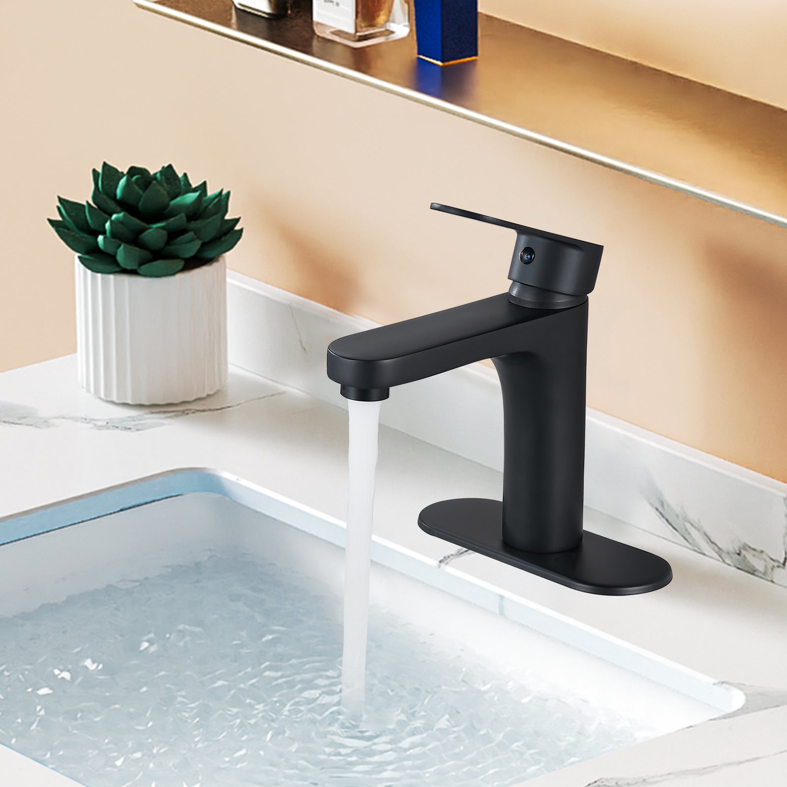 Heyalan Bathroom Faucet Single Handle Brass 1 Hole Basin Mixer Tap Deck Mount Lavatory Vanity Deck Plate Pop Up Drain Included