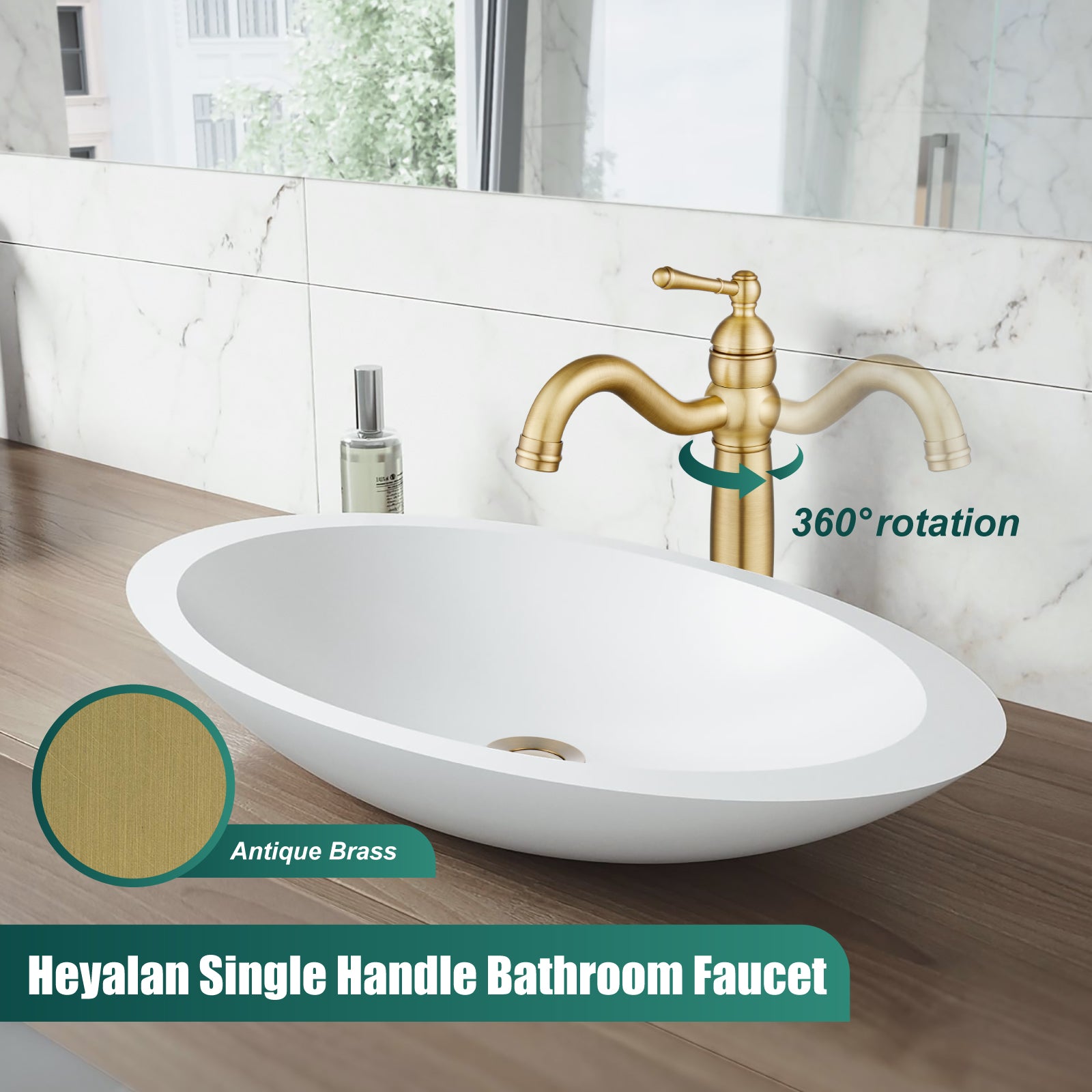 Heyalan Bathroom Vessel Sink Faucet Deck Mount Single Hole One Handle Vintage Lavatory Basin Spout Vanity Tall Mixer Tap Solid Brass Antique Assembly with Pop-up Drain