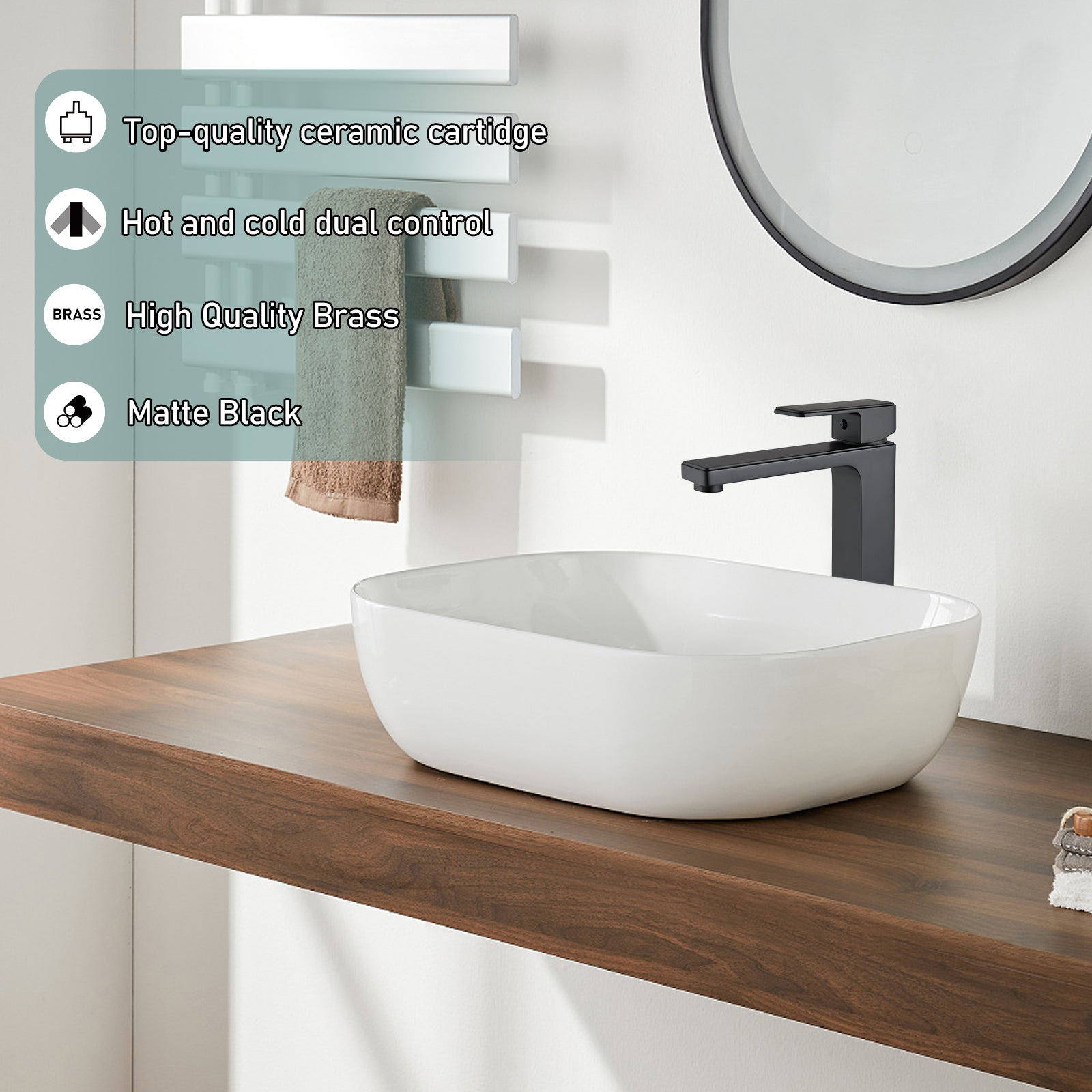 Heyalan Matte Black Bathroom Sink Faucet Tall Body Vessel Sink Tap Brass Single Handle 1 Hole Lavatory Vanity Mixer Bar Tap Tall Spout Deck Mount