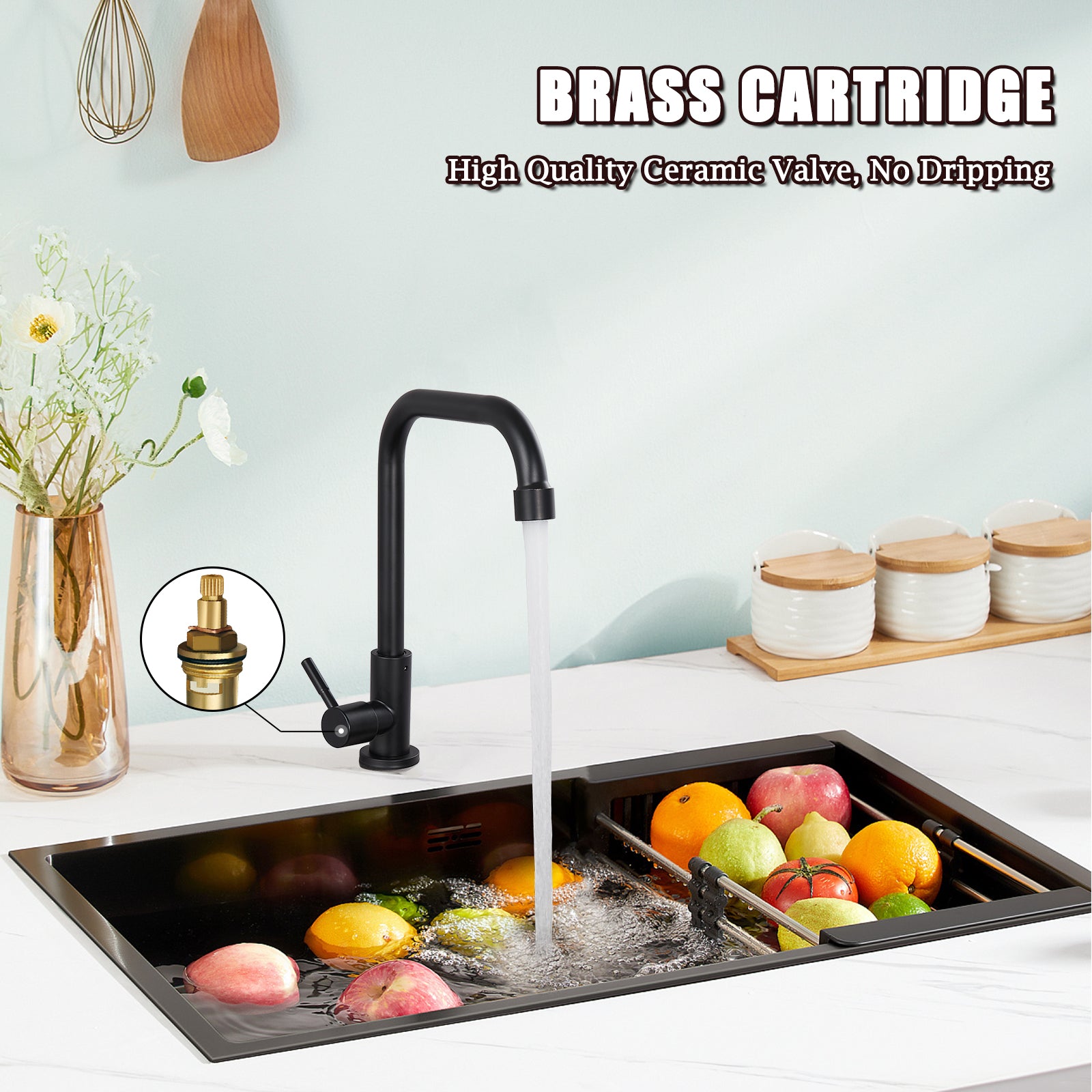 Cold Only Water Kitchen Faucet Heyalan Single Lever Handle 304 Stainless Steel Commercial Bar Tap Decked Mounted 360 Degree Swivel Spout Longer Thread Pipe