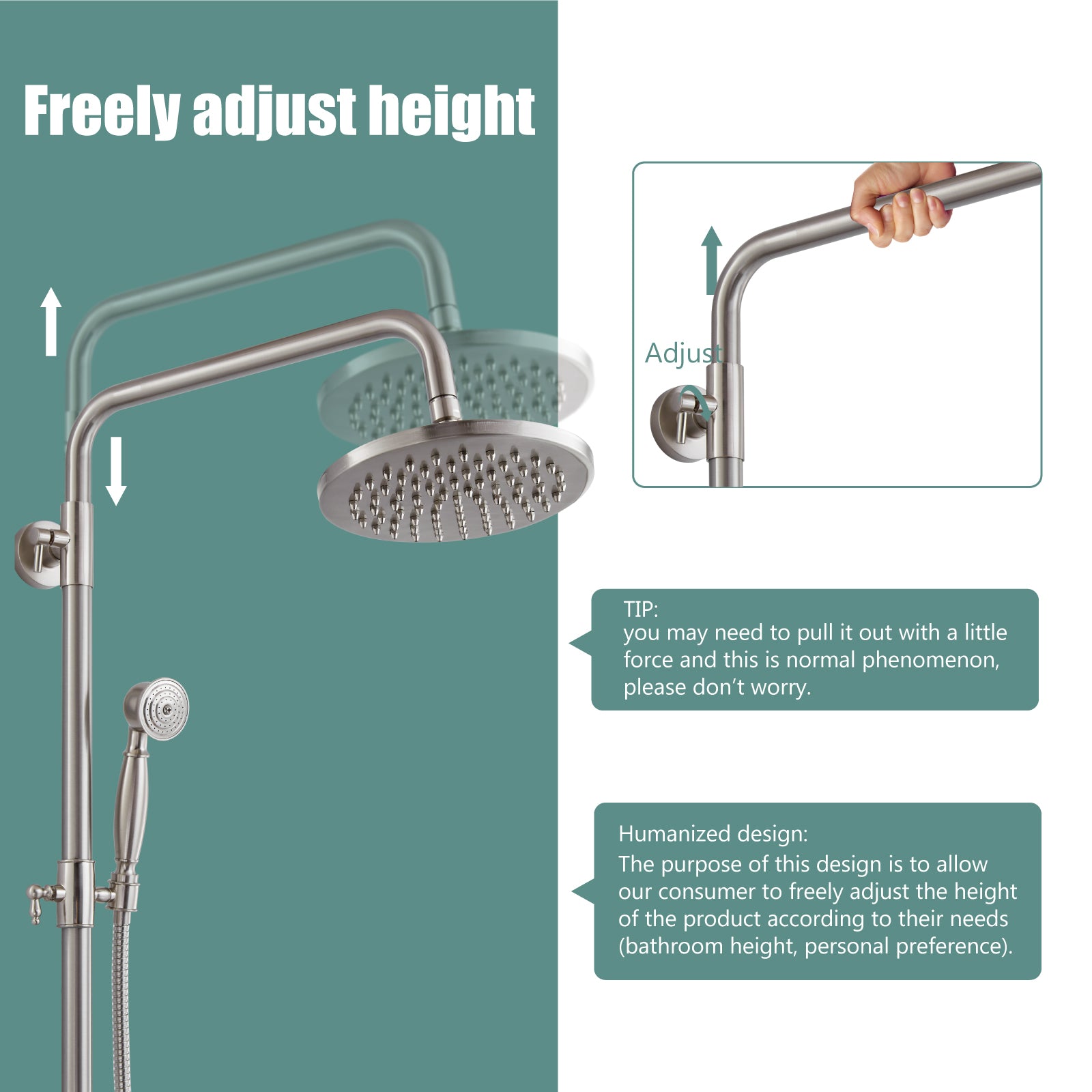 Heyalan Dual Functions Exposed Pipe Shower System Round Rainfall 8 Inch Shower Head Brass Fixture Combo Set 2 Handles with Handheld Sprayer Bathroom Shower Faucet Adjustable Shower Bar