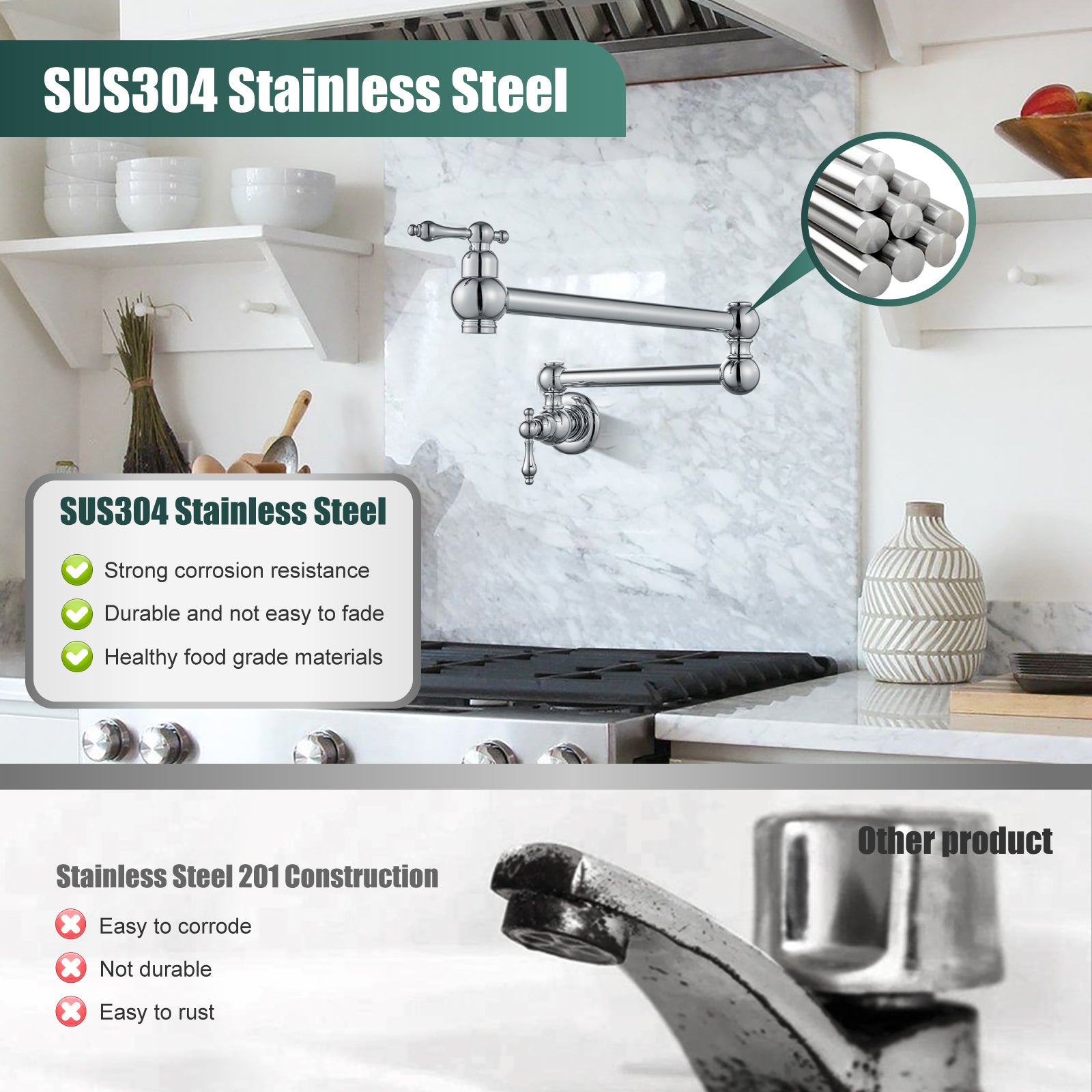 Kitchen Pot Filler Faucet Wall Mount Two Handles Single Hole Heyalan Strechable Arm Stainless Steel Double Connectors Folding Modern 360 Degrees Rotation
