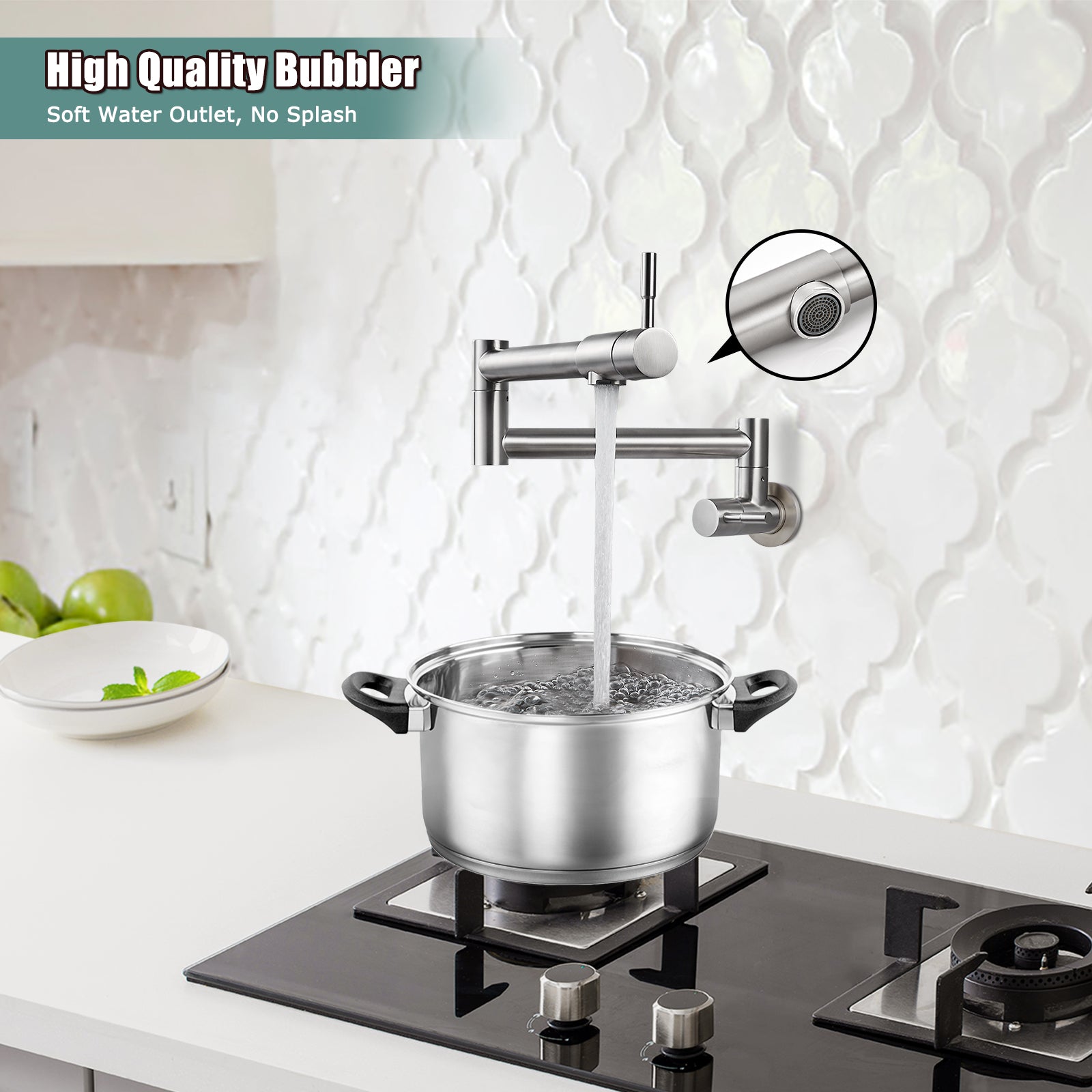 Heyalan Pot Filler Faucet Wall Mounted Folding Stretchable Kitchen Faucet 1 Hole with Double Joint Swing Arms 2 Handles NPT Stainless Steel Separated Thread