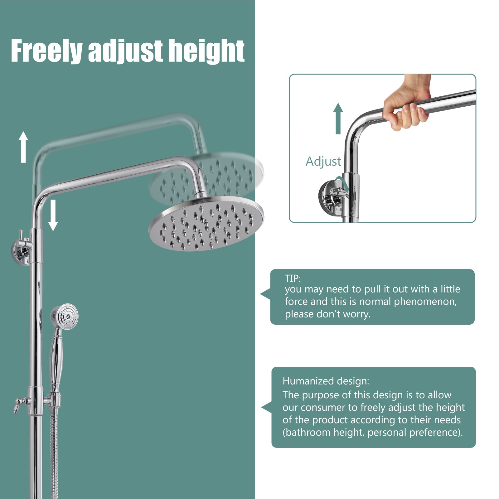 Heyalan Dual Functions Exposed Pipe Shower System Round Rainfall 8 Inch Shower Head Brass Fixture Combo Set 2 Handles with Handheld Sprayer Bathroom Shower Faucet Adjustable Shower Bar