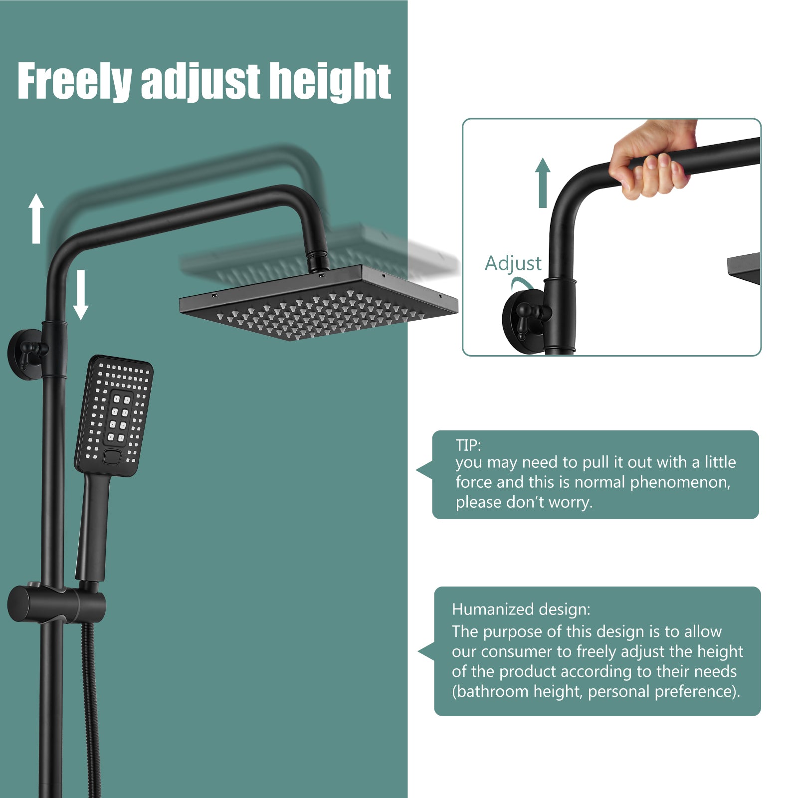 Heyalan Exposed Shower System Matte Black 3 Functional Adjustable Complete Set Tub 8 Inch Square Rainfall Shower Head with Square Hand-held