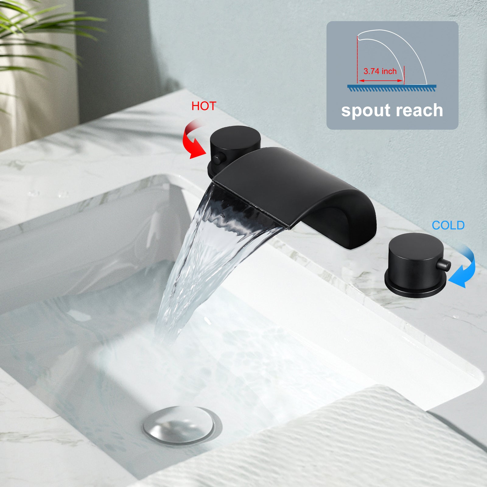 Heyalan Bathroom Widespread Sink Faucet Waterfall Spout 8 16 Inch Dual Handles Three Holes Deck Mount Pop Up Drain with Overflow Bathtub Basin Mixer Tap Commercial