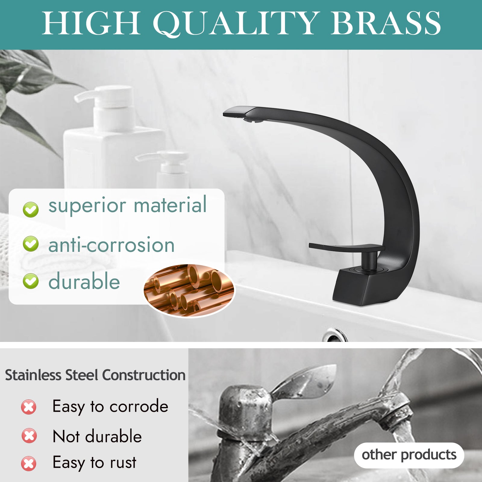 Heyalan Bathroom Sink Faucet Deck Mount Single Handle Single Hole Curved Spout Lavatory Basin Mixer Tap Solid Brass with Supply Hose Commercial
