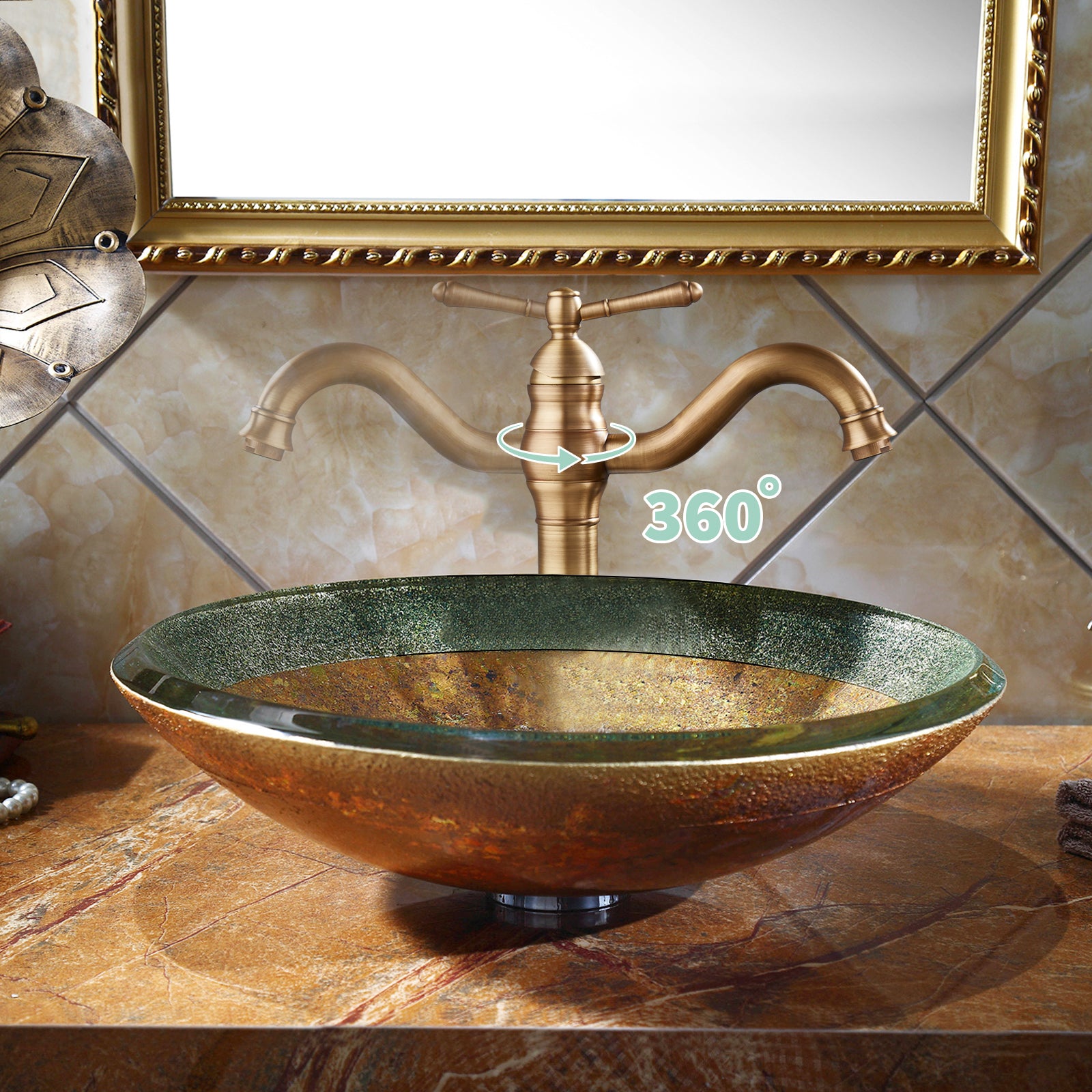 Heyalan Bathroom Vessel Sink Faucet Washingroom Single Handle One Hole High Spout Pop Up Drain Bowl Sink Brass Material 360 Degree Adjustable Lavatory Vanity Mixer Bar Tap Without Overflow