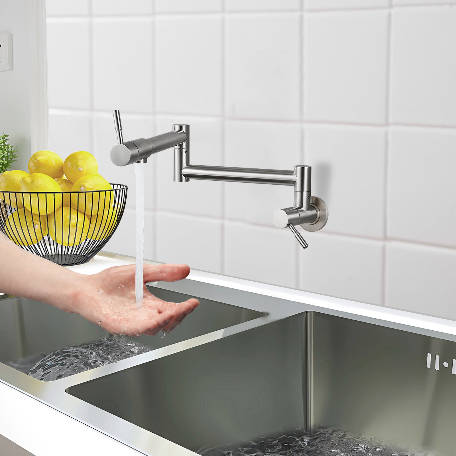 Heyalan Pot Filler Faucet Wall Mounted Folding Stretchable Kitchen Faucet 1 Hole with Double Joint Swing Arms 2 Handles NPT Stainless Steel Separated Thread