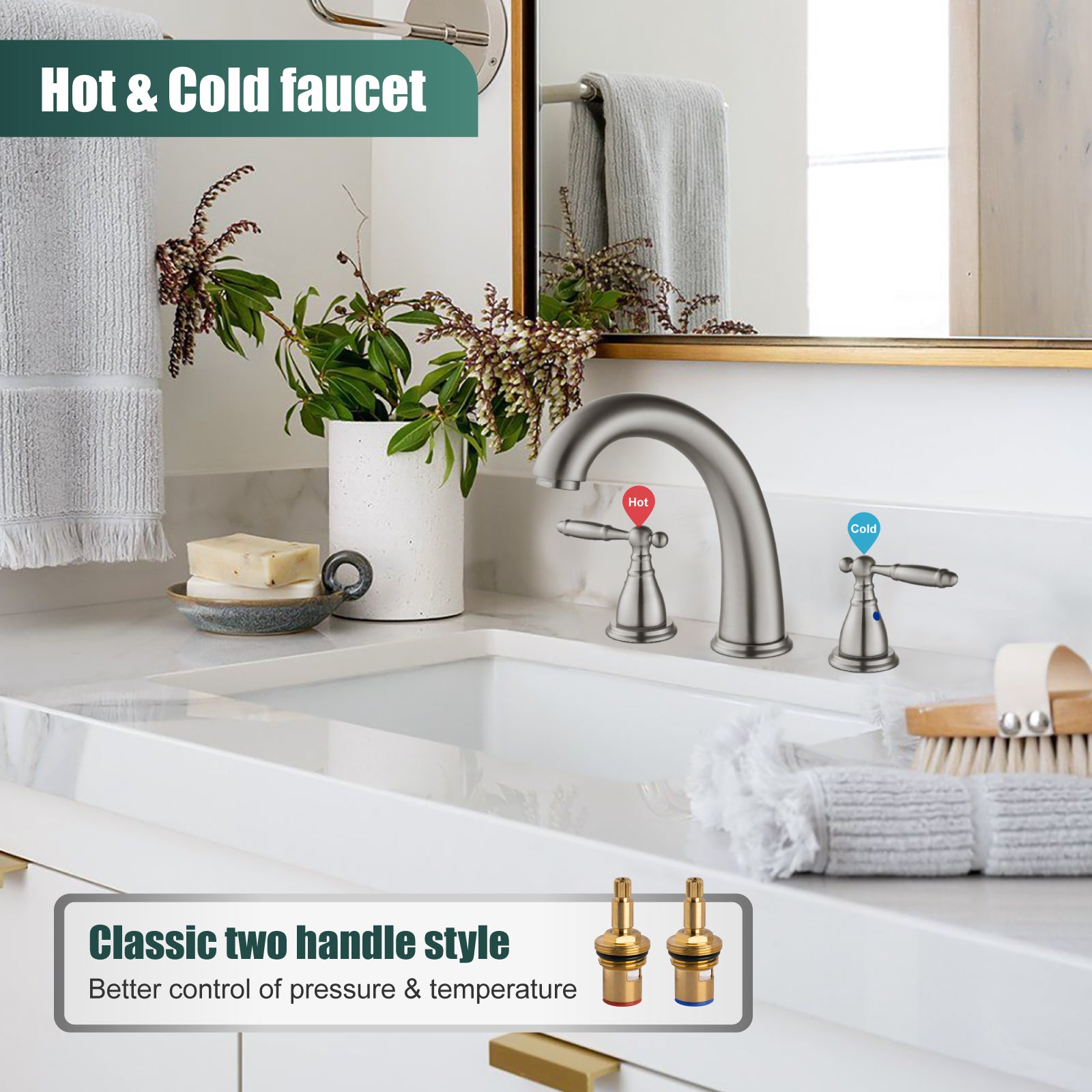 2 Handles SUS304 Stainless Steel 8-16 Inch Bathroom Basin Faucet with Pop Up Drain Deck Mount Divided Three Holes Toilet Sink Mixer Tap Simple Cabinet Grips Heyalan Mixer Faucet