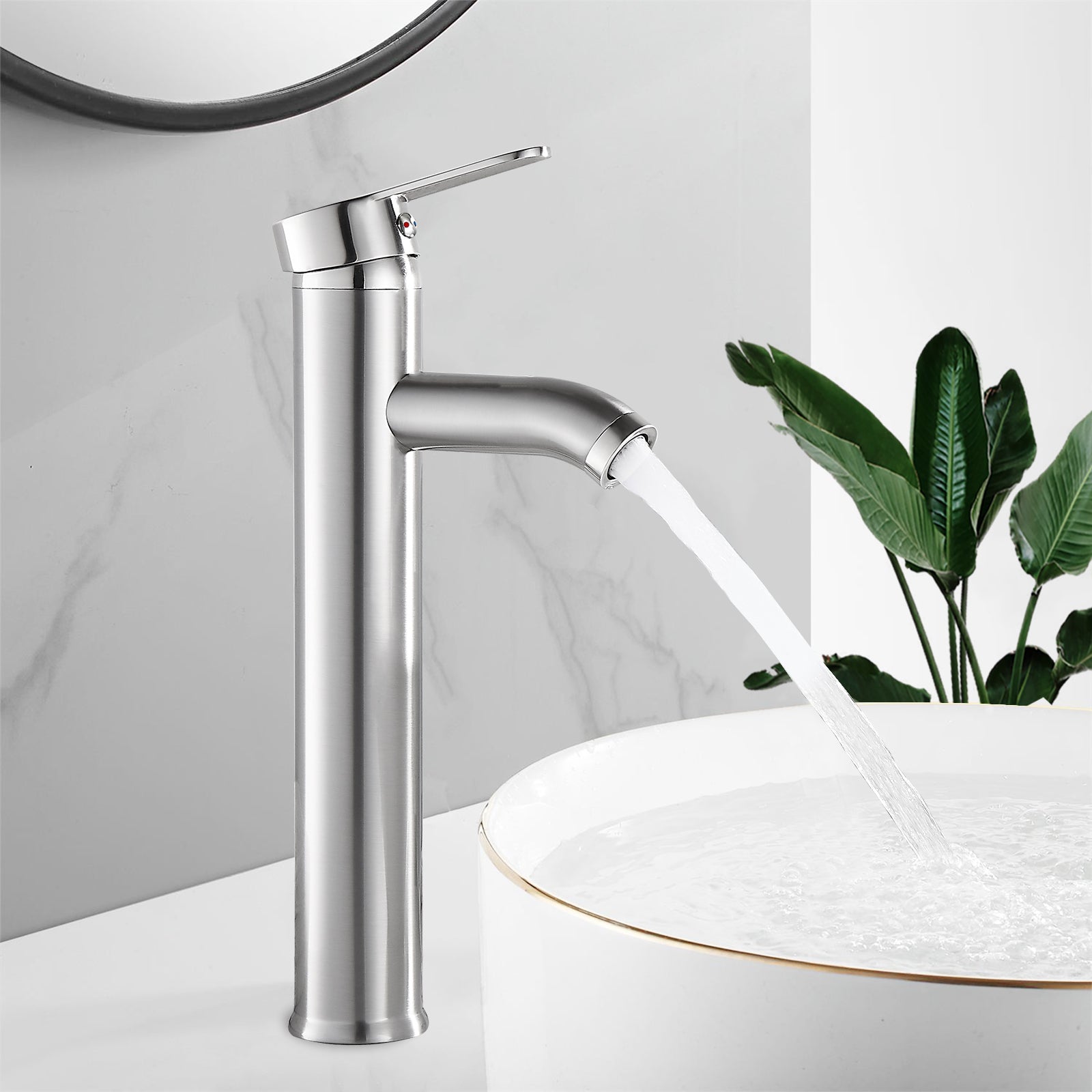 Heyalan Brushed Nickel Bathroom Faucet Vessel Sink Deck Mount Stainless Steel SUS304 Bowl Basin One Hole Singl Handle Tall Spout Mixer Tap Plastic Pop Up Drain Without Overflow