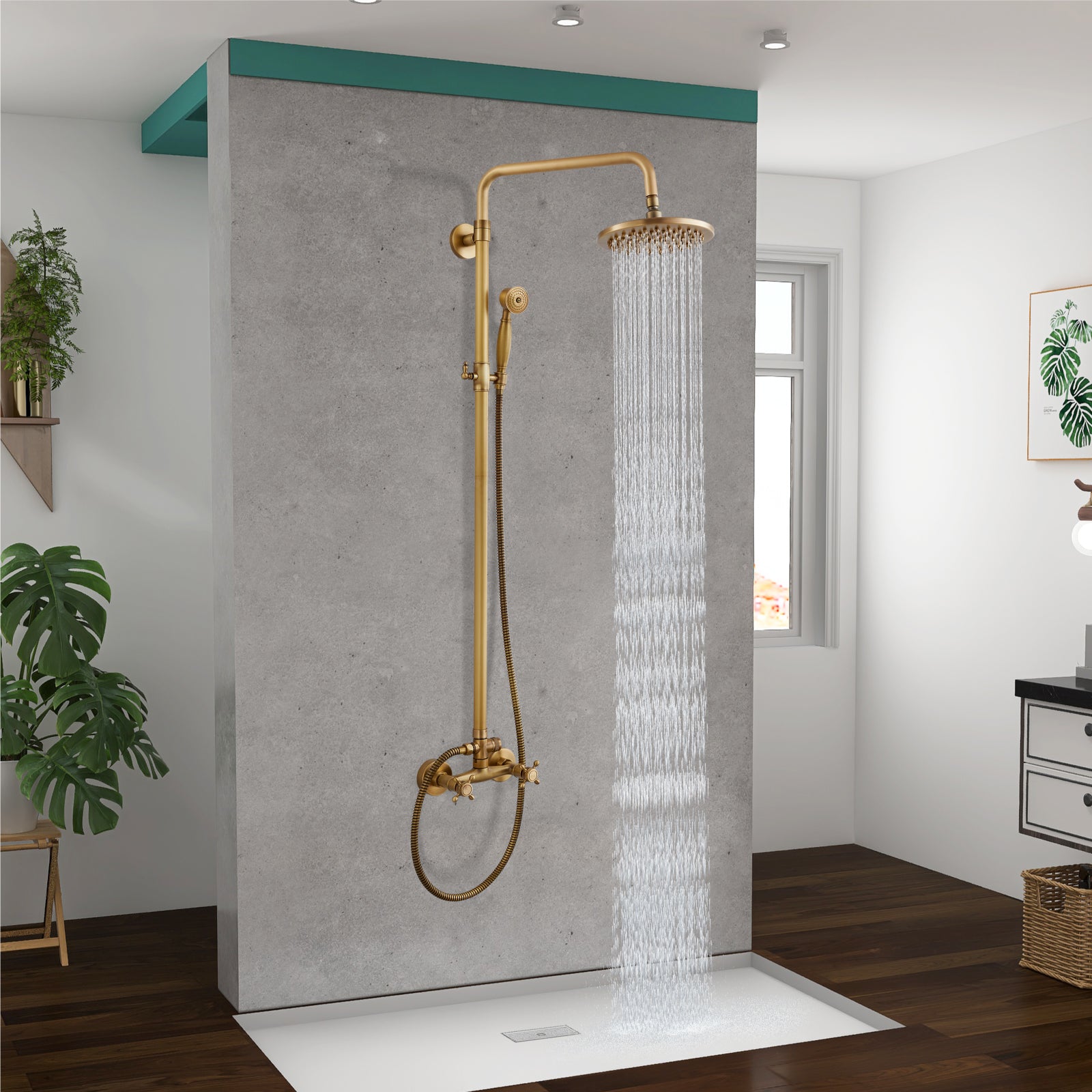 Heyalan Dual Functions Exposed Pipe Shower System Round Rainfall 8 Inch Shower Head Brass Fixture Combo Set 2 Handles with Handheld Sprayer Bathroom Shower Faucet Adjustable Shower Bar