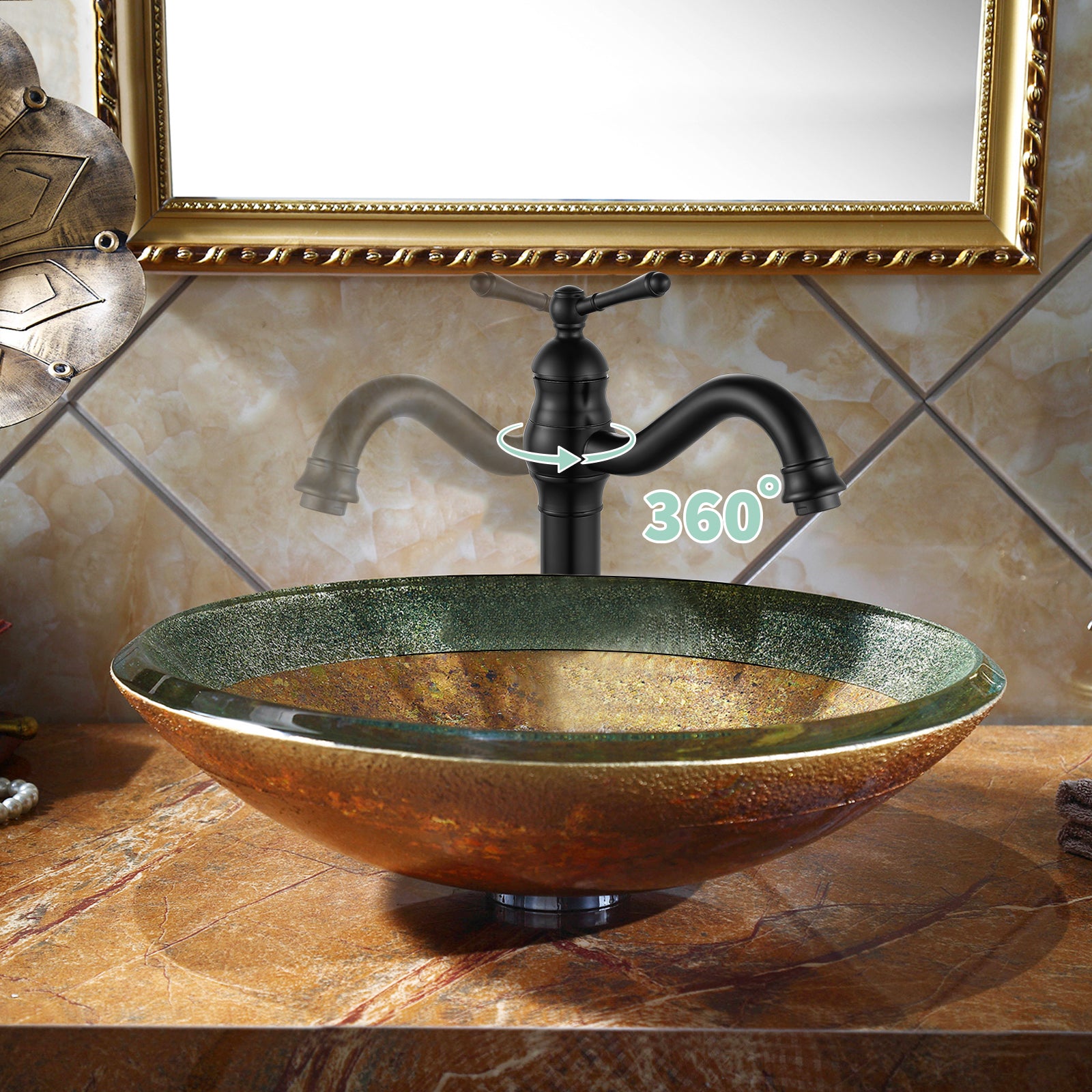 Heyalan Bathroom Vessel Sink Faucet Washingroom Single Handle One Hole High Spout Pop Up Drain Bowl Sink Brass Material 360 Degree Adjustable Lavatory Vanity Mixer Bar Tap Without Overflow