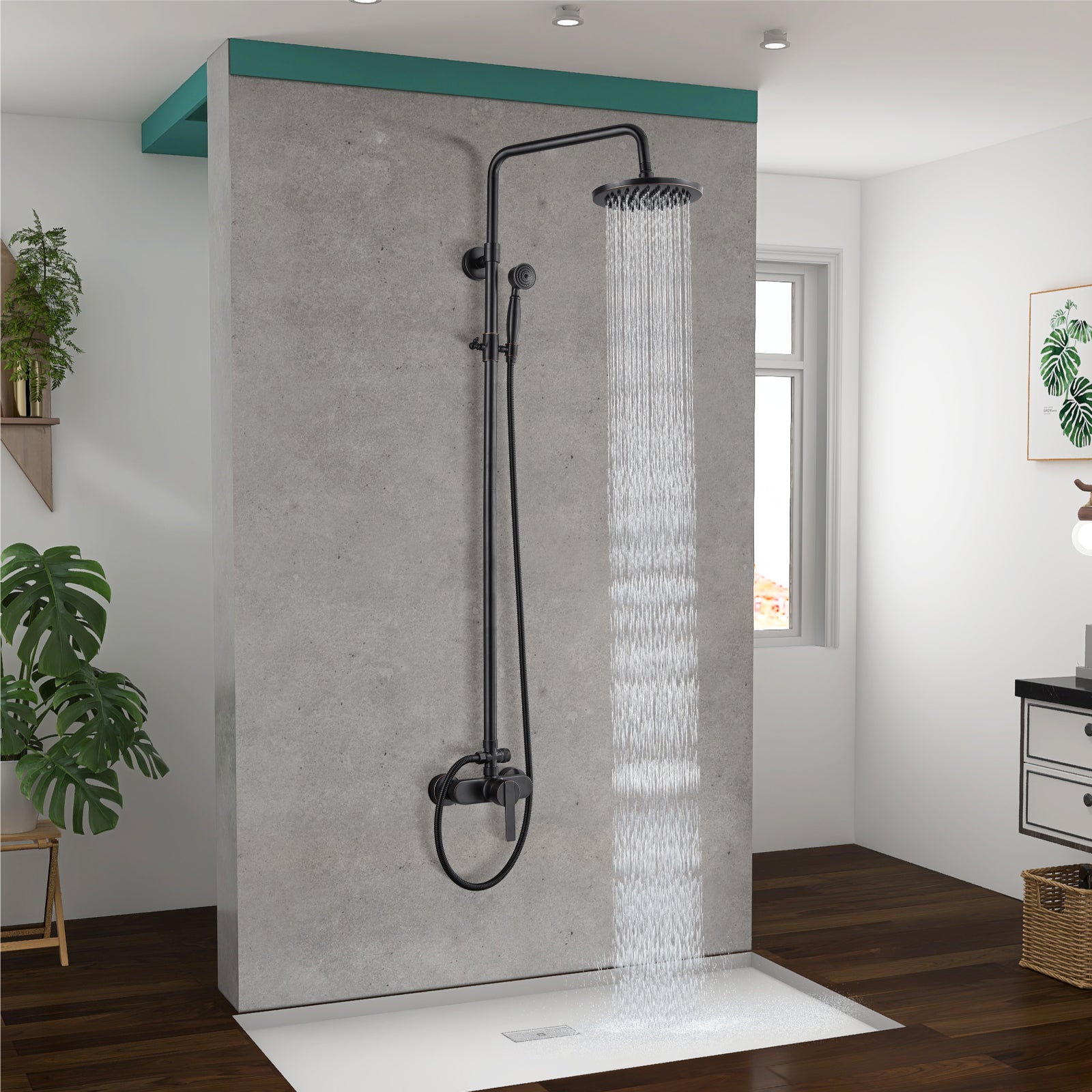 Exposed Pipe Shower System 8 Inch Rainfall Shower Head Brass Fixture Combo Set Single Handle with Handheld Sprayer Bathroom Shower Faucet Adjustable Showerhead Bar Dual Functions
