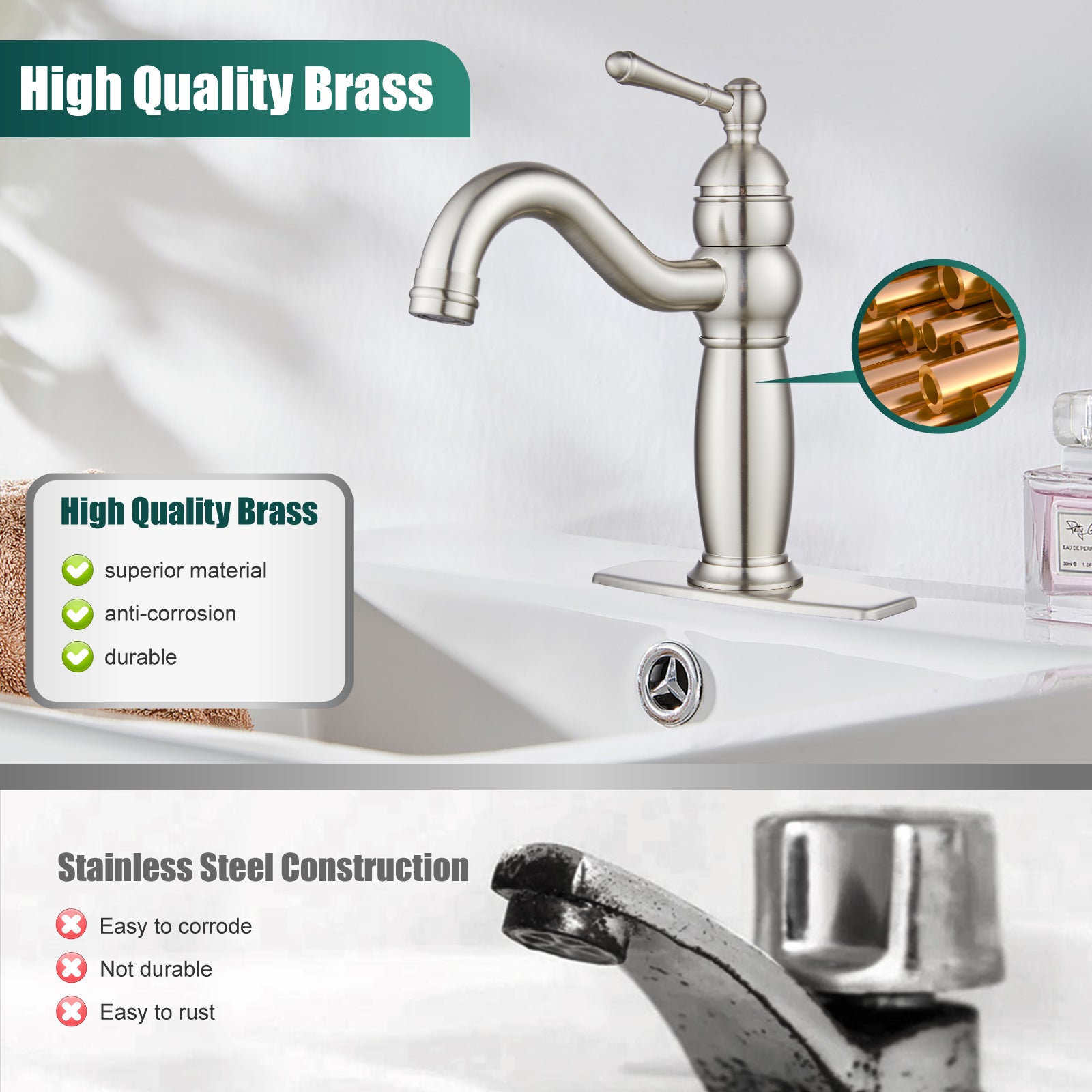 Heyalan Bathroom Faucet Brass Lavatory Sink Faucet Vanity Basin Single Hole Vintage Vessel Mixer Tap Deck Mounted Retro Hot and Cold Water Handle Solid Brass Pop-up Drain Included