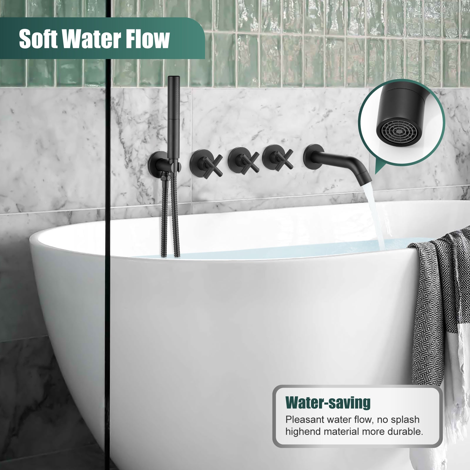 Heyalan Wall Mounted Bathroom Tub Filler Faucet with Handheld Shower Head High Flow Bathtub Spout with 3 Knobs Shower Trim kit Hand Held Sprayer 2 Function Roman Bath Fixtures