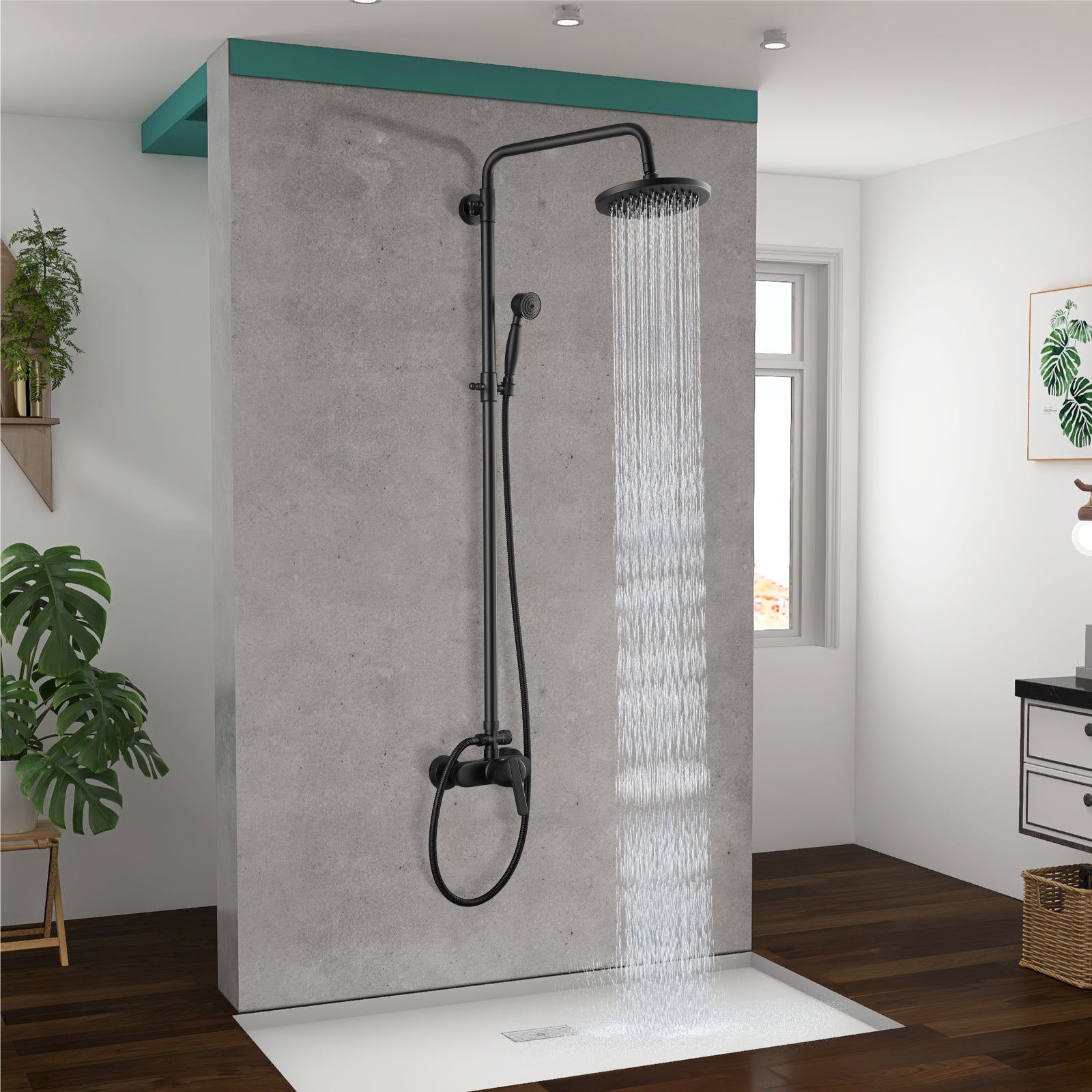 Exposed Pipe Shower System 8 Inch Rainfall Shower Head Brass Fixture Combo Set Single Handle with Handheld Sprayer Bathroom Shower Faucet Adjustable Showerhead Bar Dual Functions