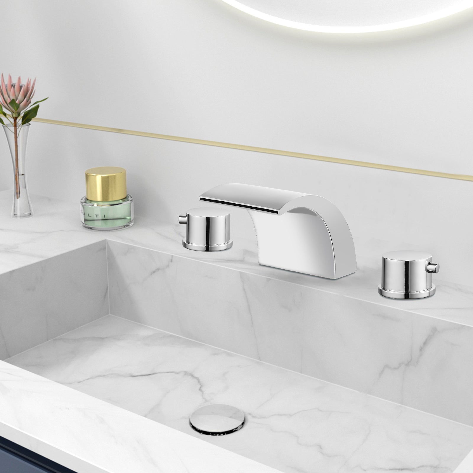 Heyalan Bathroom Widespread Sink Faucet Waterfall Spout 8 16 Inch Dual Handles Three Holes Deck Mount Pop Up Drain with Overflow Bathtub Basin Mixer Tap Commercial