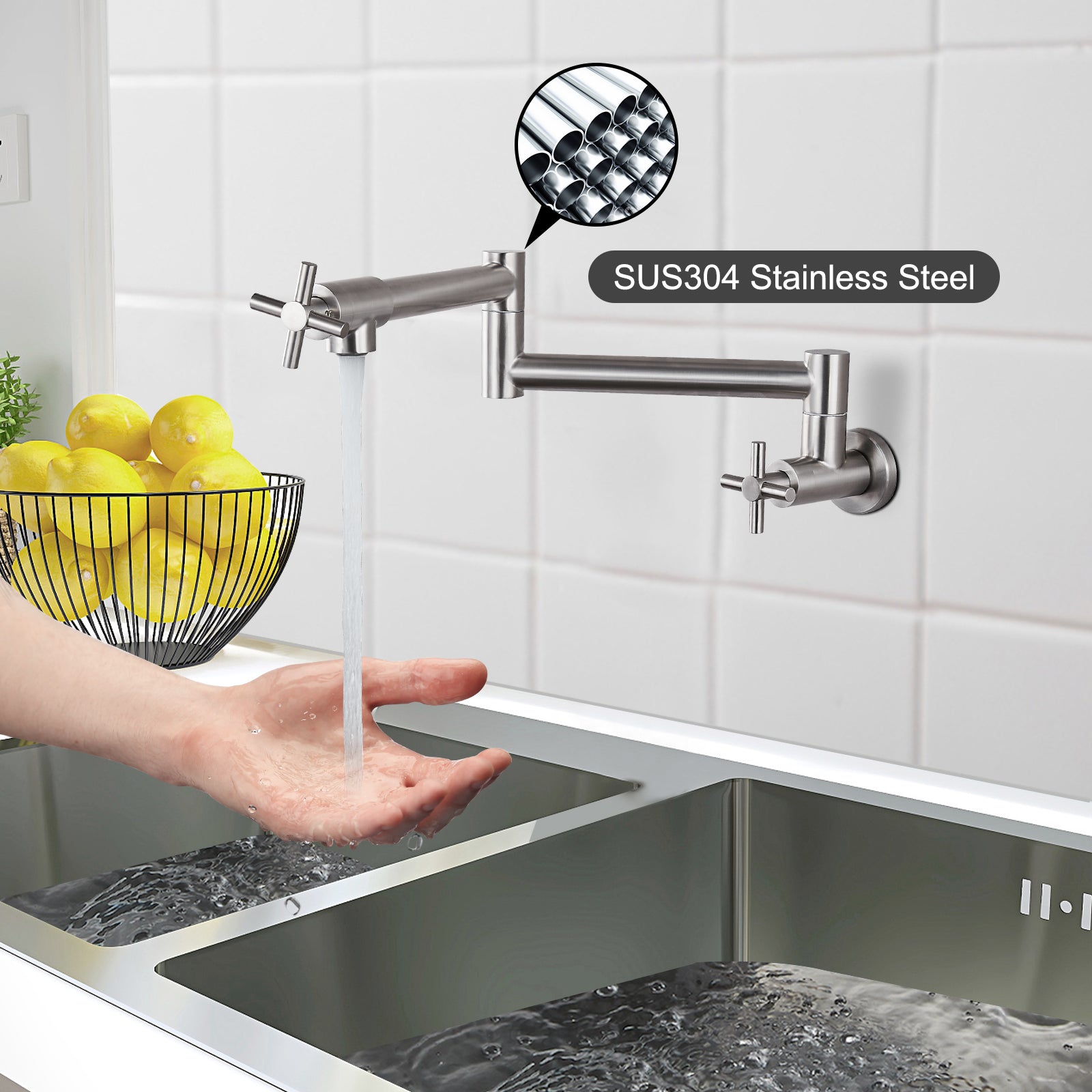 Heyalan Pot Filler Kitchen Faucet Stainless Steel SUS304 Two Cross Handle 19 Inch Single Hole Spout Wall Mounted Stretchable Swing Arm Commercial Kitchen Sink Faucet to Control Water