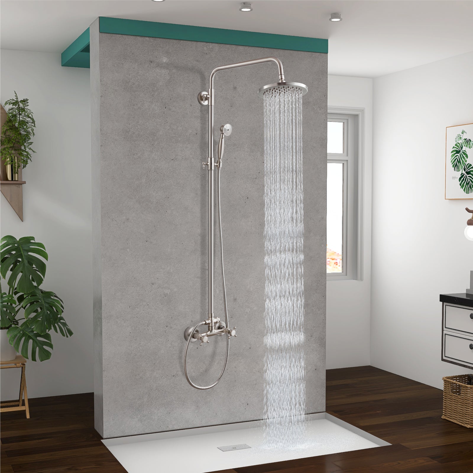 Heyalan Dual Functions Exposed Pipe Shower System Round Rainfall 8 Inch Shower Head Brass Fixture Combo Set 2 Handles with Handheld Sprayer Bathroom Shower Faucet Adjustable Shower Bar