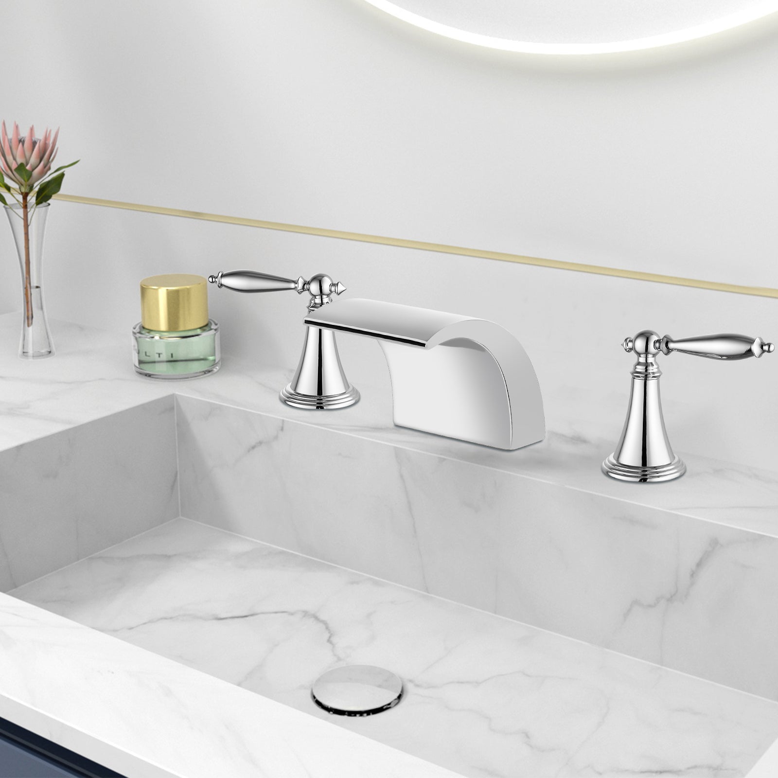 Waterfall Bathroom Sink Faucet Widespread 8-16 Inch 2 Handles 3 Holes Basin Mixer Tap Commercial Deck Mounted Pop Up Drain with Overflow Included