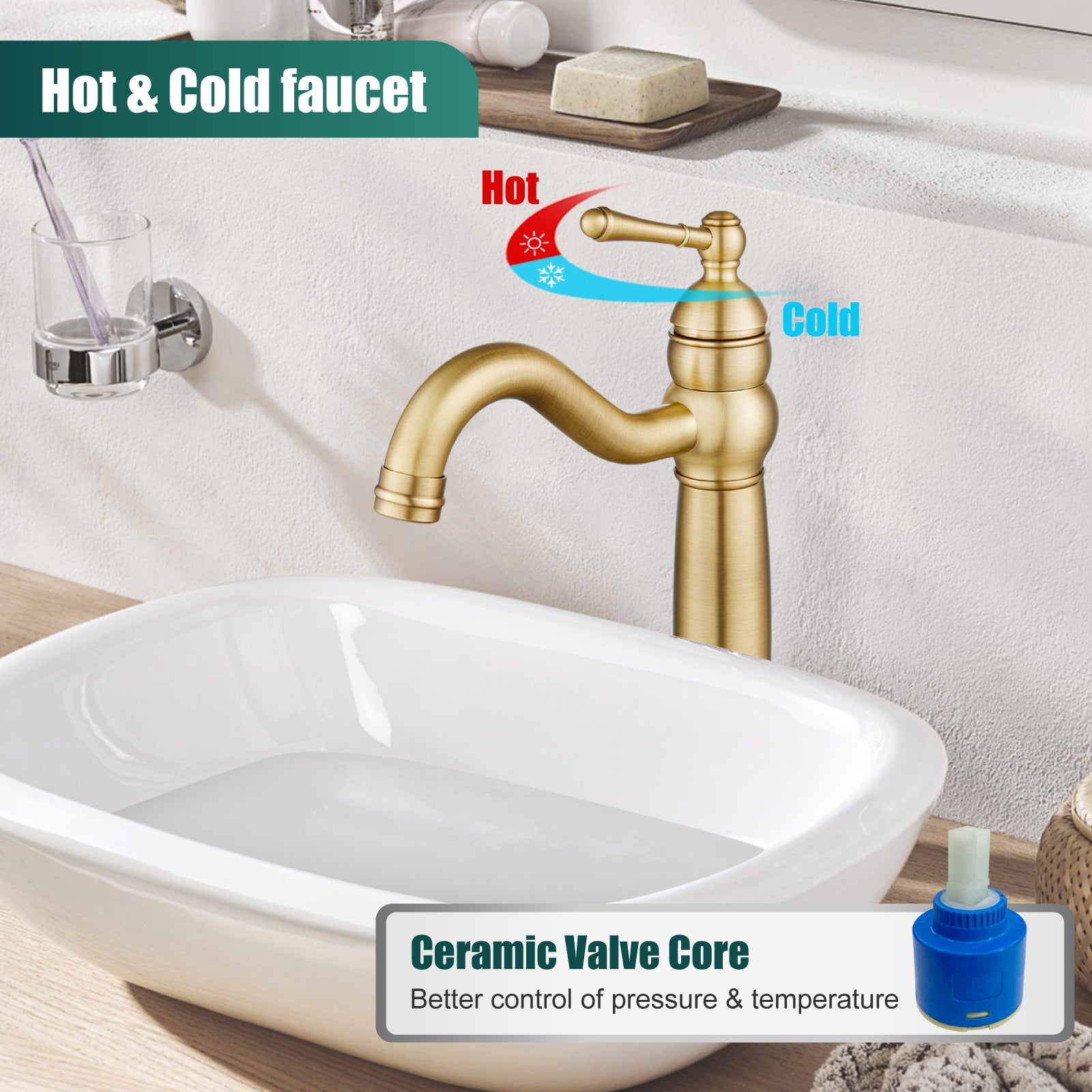 Heyalan Bathroom Vessel Sink Faucet Deck Mount Single Hole One Handle Vintage Lavatory Basin Spout Vanity Tall Mixer Tap Solid Brass Antique Assembly with Pop-up Drain