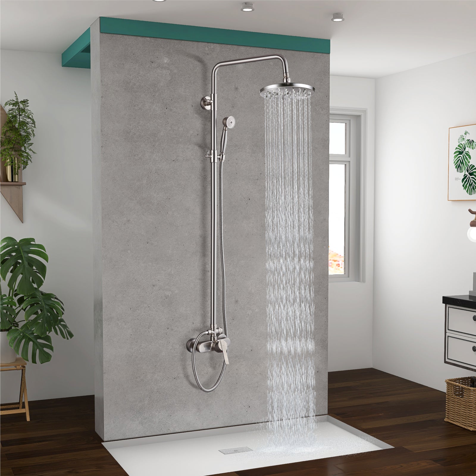 Exposed Pipe Shower System 8 Inch Rainfall Shower Head Brass Fixture Combo Set Single Handle with Handheld Sprayer Bathroom Shower Faucet Adjustable Showerhead Bar Dual Functions