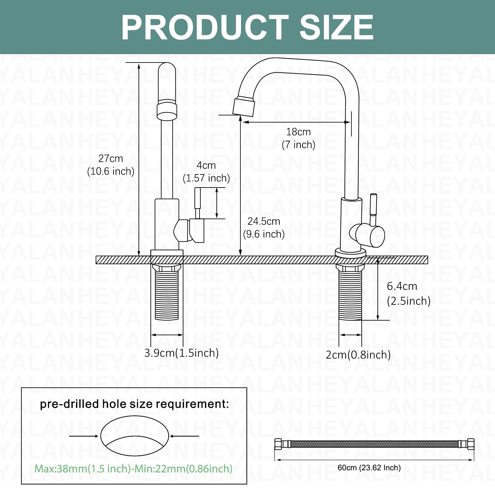 Cold Only Water Kitchen Faucet Heyalan Single Lever Handle 304 Stainless Steel Commercial Bar Tap Decked Mounted 360 Degree Swivel Spout Longer Thread Pipe