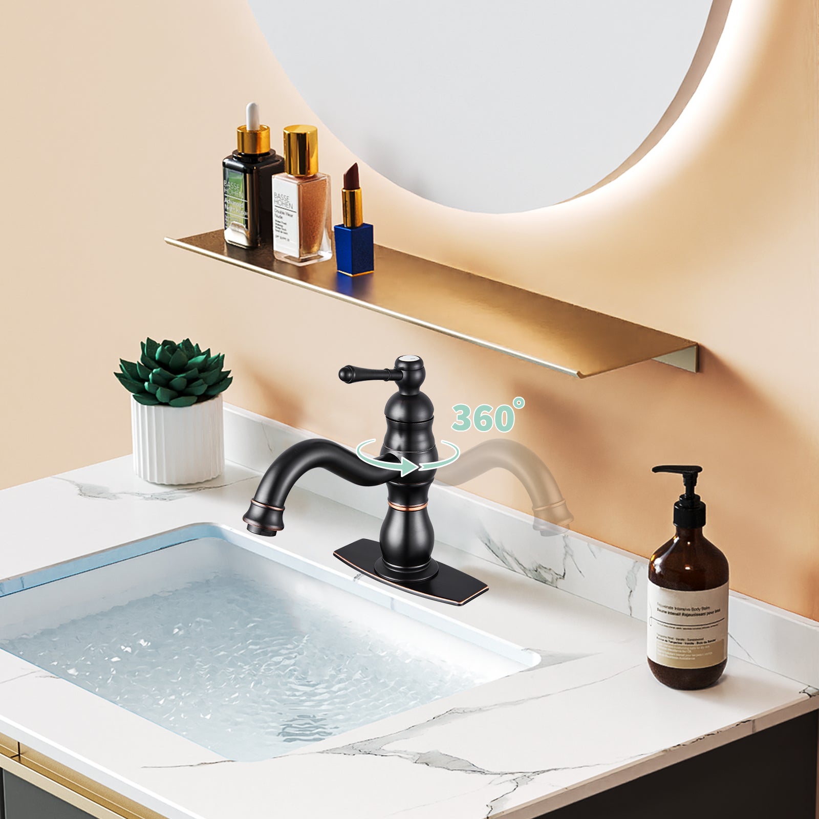 Bathroom Sink Faucet 1 Hole Single Handle Vanity Mixer Tap Deck Mount Lavatory Pop Up Drain with Overflow Included Commercial