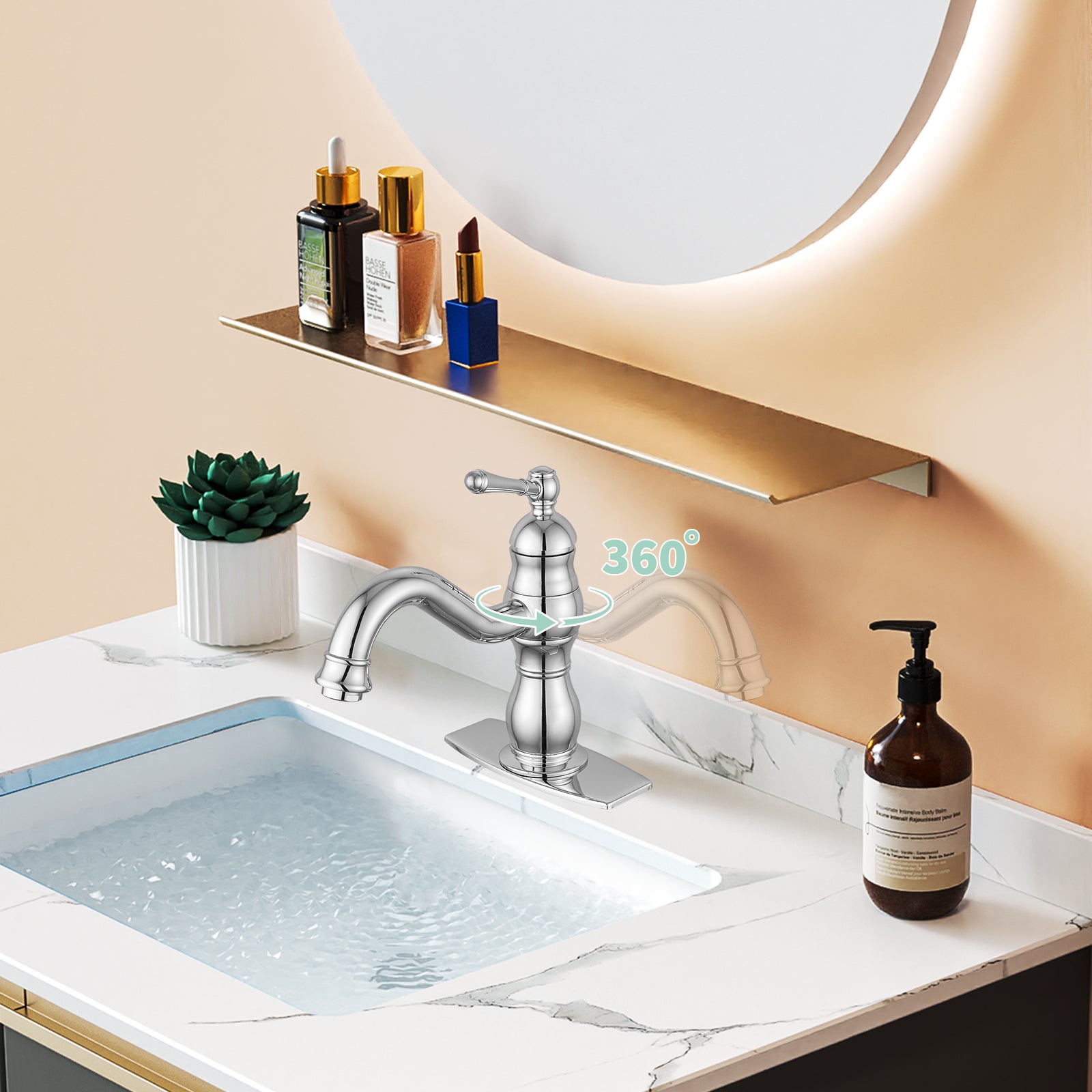 Bathroom Sink Faucet 1 Hole Single Handle Vanity Mixer Tap Deck Mount Lavatory Pop Up Drain with Overflow Included Commercial