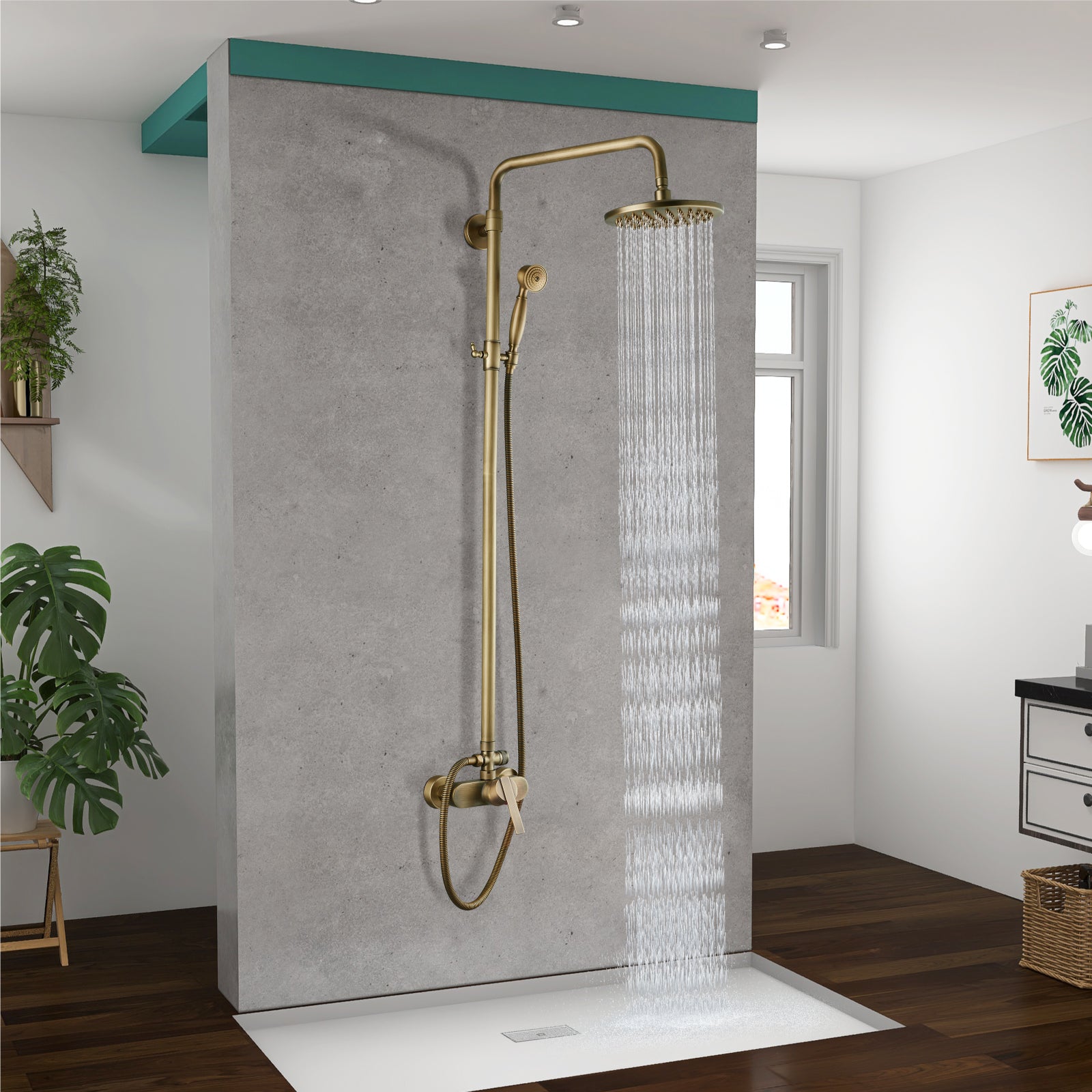 Exposed Pipe Shower System 8 Inch Rainfall Shower Head Brass Fixture Combo Set Single Handle with Handheld Sprayer Bathroom Shower Faucet Adjustable Showerhead Bar Dual Functions