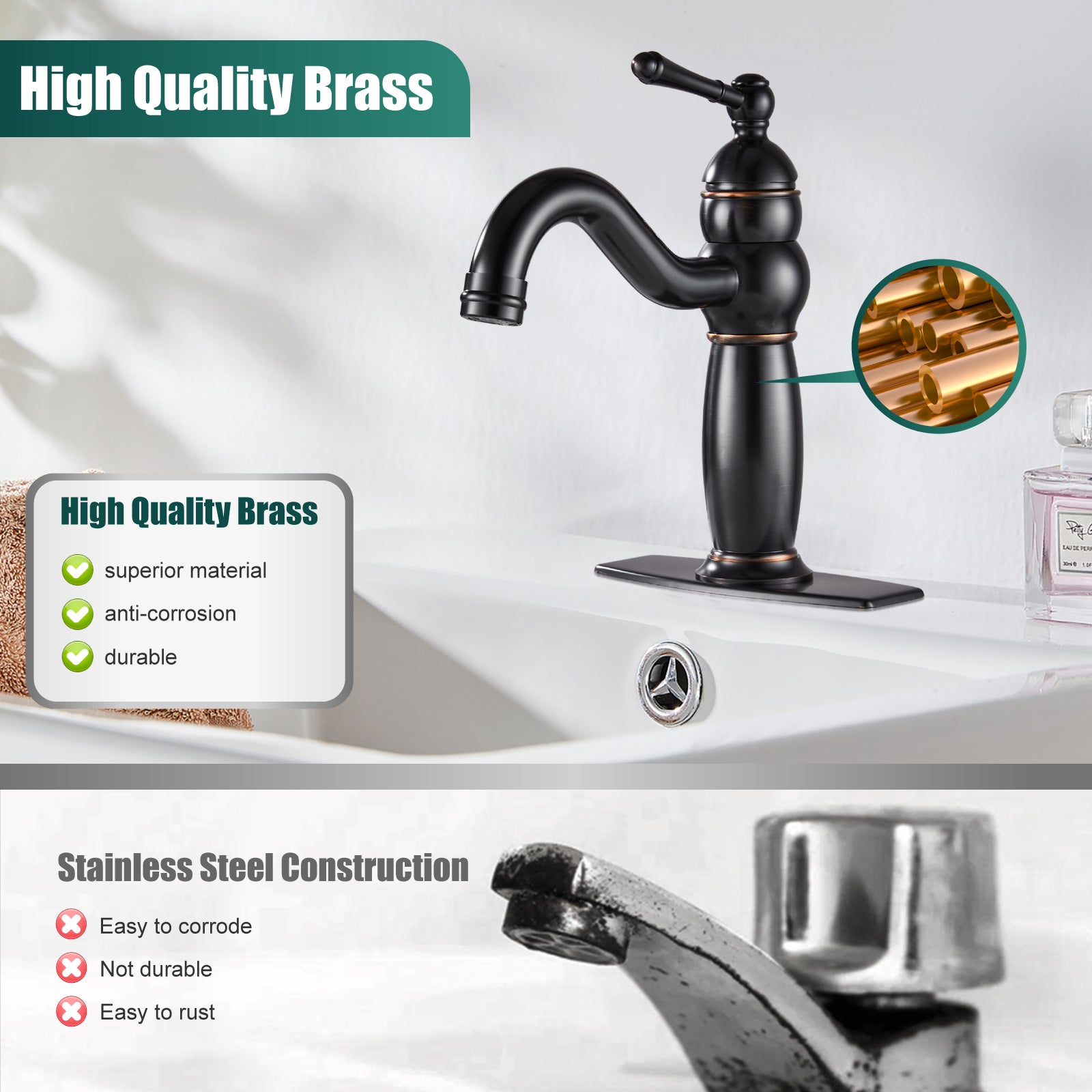 Heyalan Bathroom Faucet Brass Lavatory Sink Faucet Vanity Basin Single Hole Vintage Vessel Mixer Tap Deck Mounted Retro Hot and Cold Water Handle Solid Brass Pop-up Drain Included