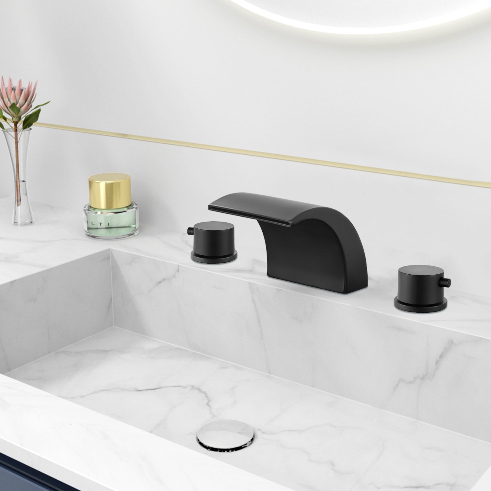 Heyalan Bathroom Widespread Sink Faucet Waterfall Spout 8 16 Inch Dual Handles Three Holes Deck Mount Pop Up Drain with Overflow Bathtub Basin Mixer Tap Commercial