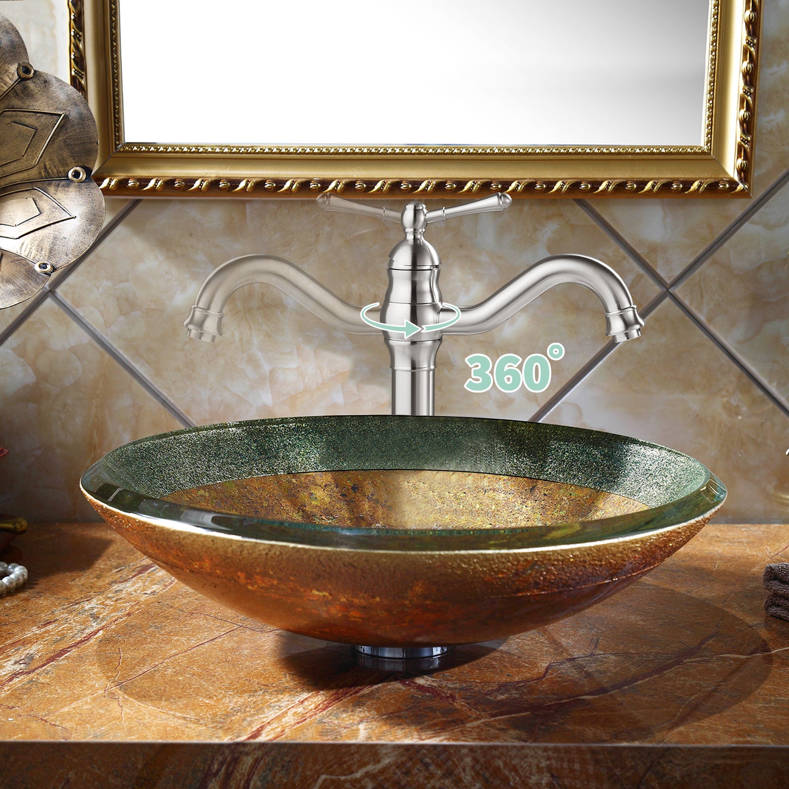 Heyalan Bathroom Vessel Sink Faucet Washingroom Single Handle One Hole High Spout Pop Up Drain Bowl Sink Brass Material 360 Degree Adjustable Lavatory Vanity Mixer Bar Tap Without Overflow