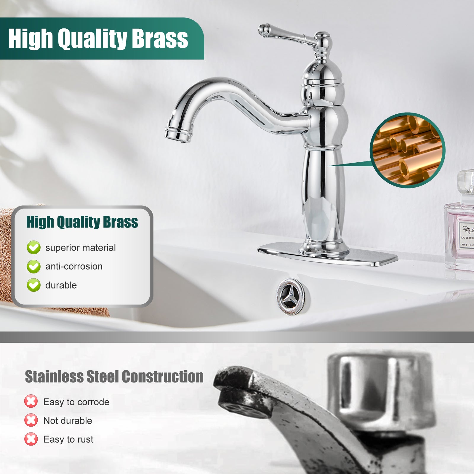 Heyalan Bathroom Faucet Brass Lavatory Sink Faucet Vanity Basin Single Hole Vintage Vessel Mixer Tap Deck Mounted Retro Hot and Cold Water Handle Solid Brass Pop-up Drain Included