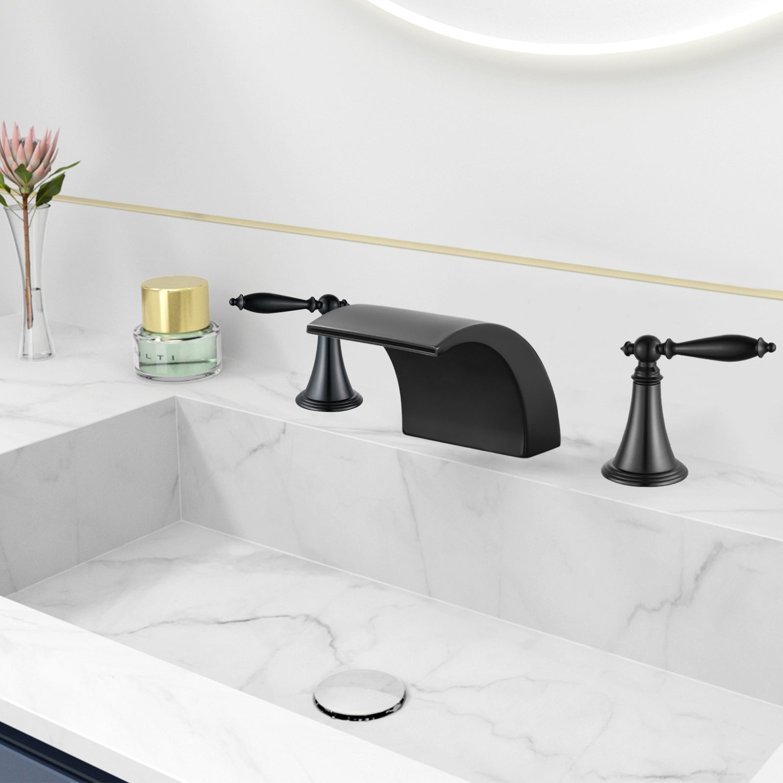 Waterfall Bathroom Sink Faucet Widespread 8-16 Inch 2 Handles 3 Holes Basin Mixer Tap Commercial Deck Mounted Pop Up Drain with Overflow Included