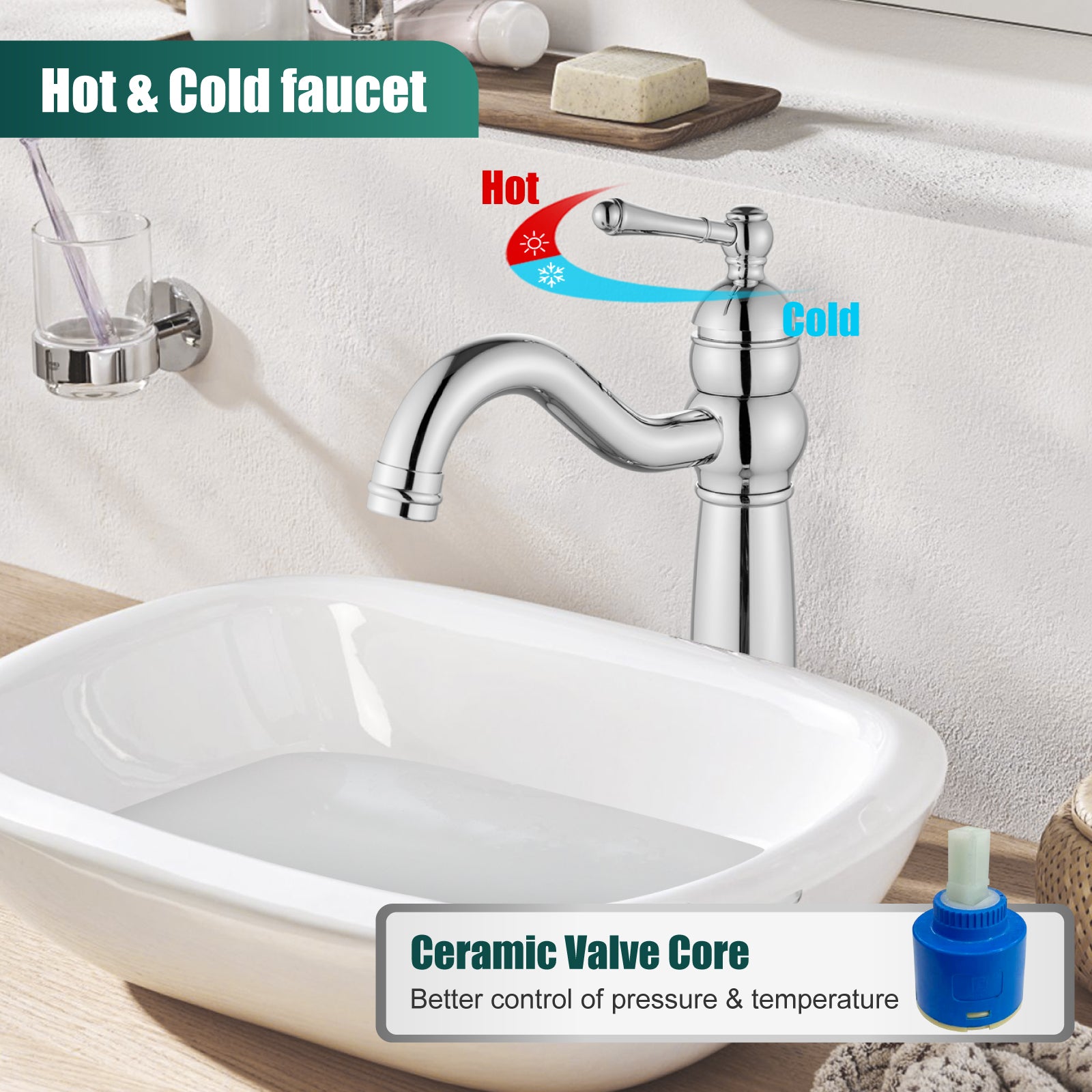 Heyalan Bathroom Vessel Sink Faucet Deck Mount Single Hole One Handle Vintage Lavatory Basin Spout Vanity Tall Mixer Tap Solid Brass Antique Assembly with Pop-up Drain