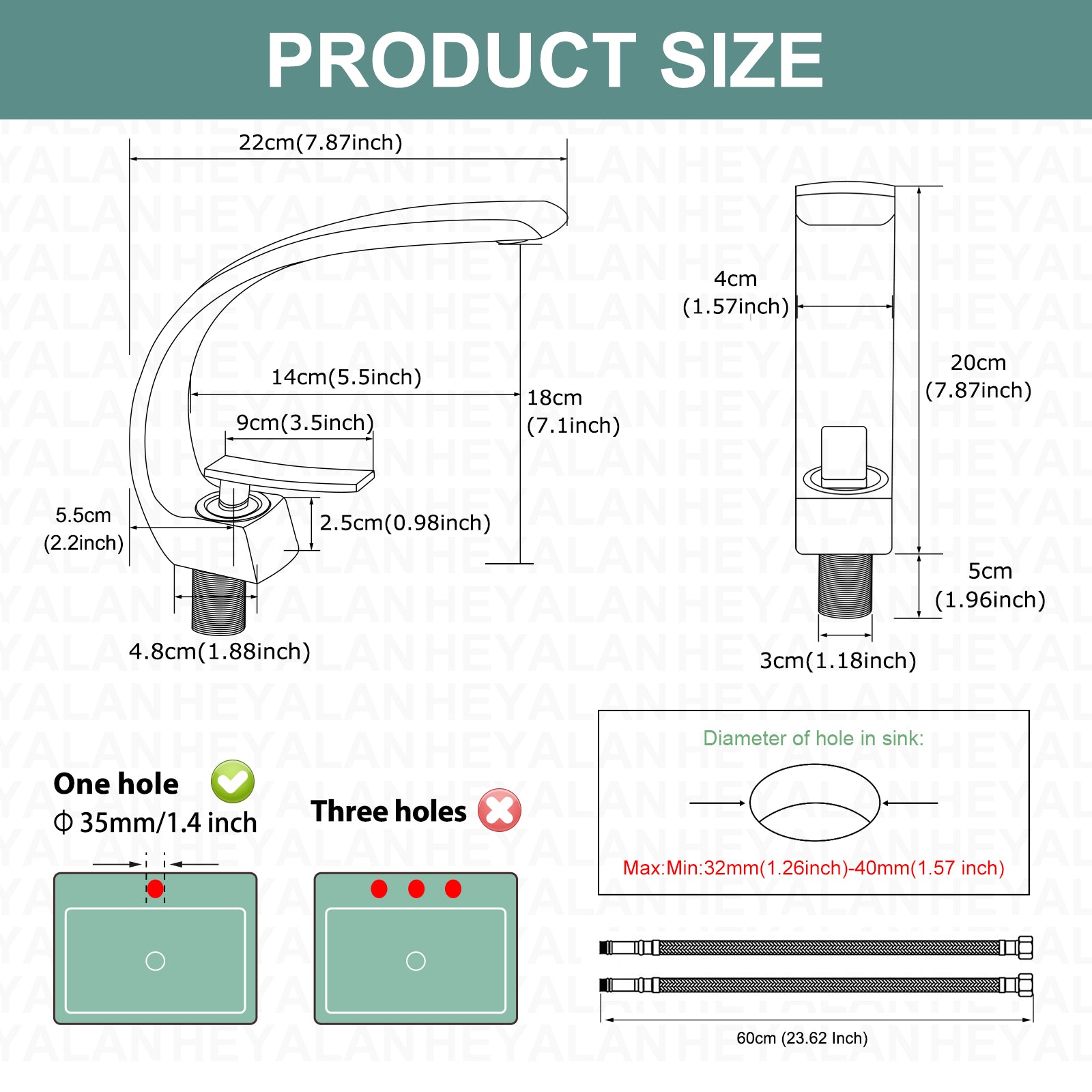 Heyalan Bathroom Sink Faucet Deck Mount Single Handle Single Hole Curved Spout Lavatory Basin Mixer Tap Solid Brass with Supply Hose Commercial