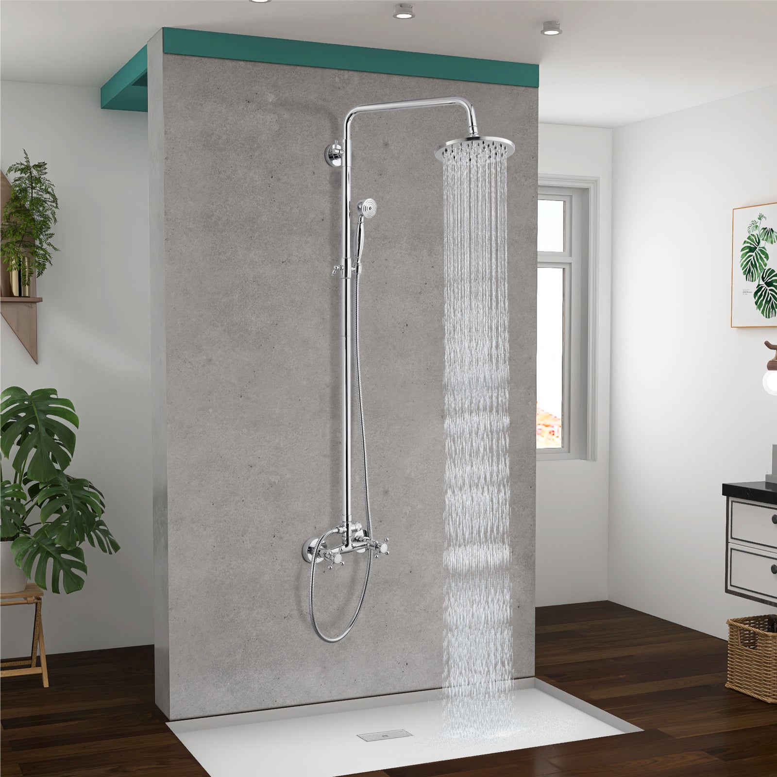Heyalan Dual Functions Exposed Pipe Shower System Round Rainfall 8 Inch Shower Head Brass Fixture Combo Set 2 Handles with Handheld Sprayer Bathroom Shower Faucet Adjustable Shower Bar