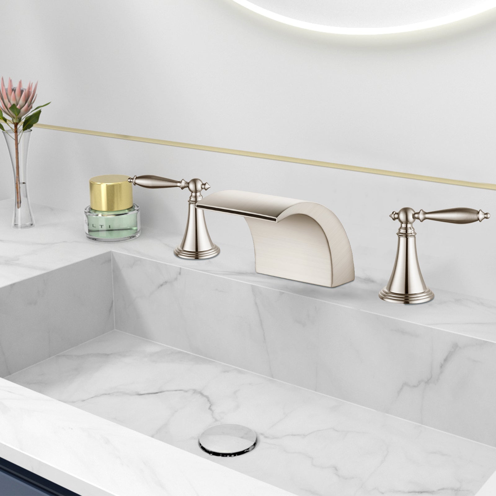 Waterfall Bathroom Sink Faucet Widespread 8-16 Inch 2 Handles 3 Holes Basin Mixer Tap Commercial Deck Mounted Pop Up Drain with Overflow Included