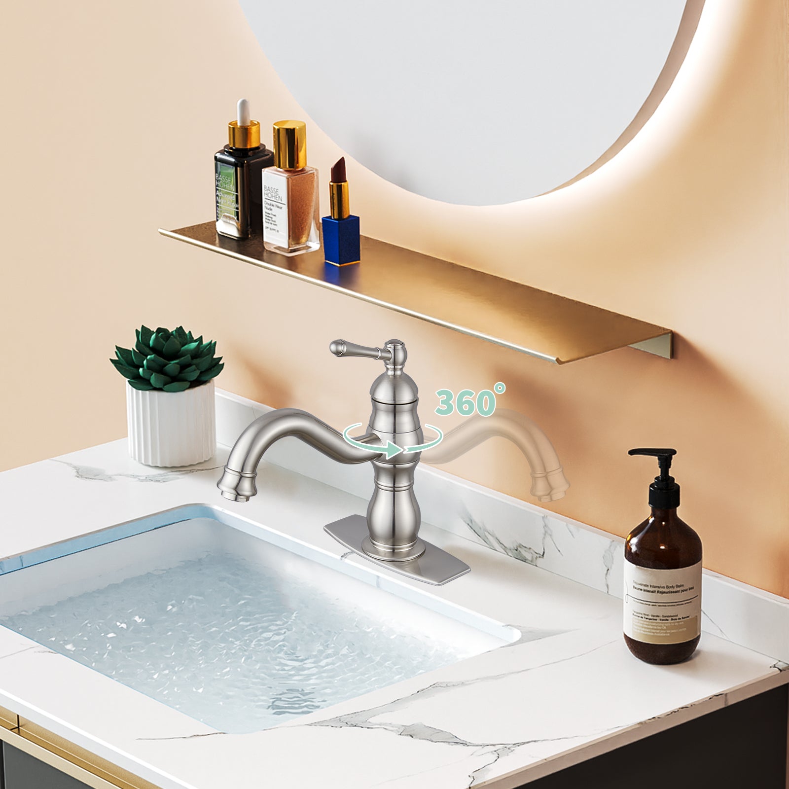 Bathroom Sink Faucet 1 Hole Single Handle Vanity Mixer Tap Deck Mount Lavatory Pop Up Drain with Overflow Included Commercial