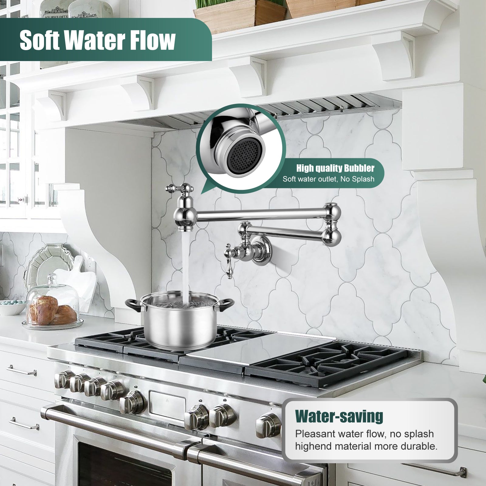Kitchen Pot Filler Faucet Wall Mount Two Handles Single Hole Heyalan Strechable Arm Stainless Steel Double Connectors Folding Modern 360 Degrees Rotation