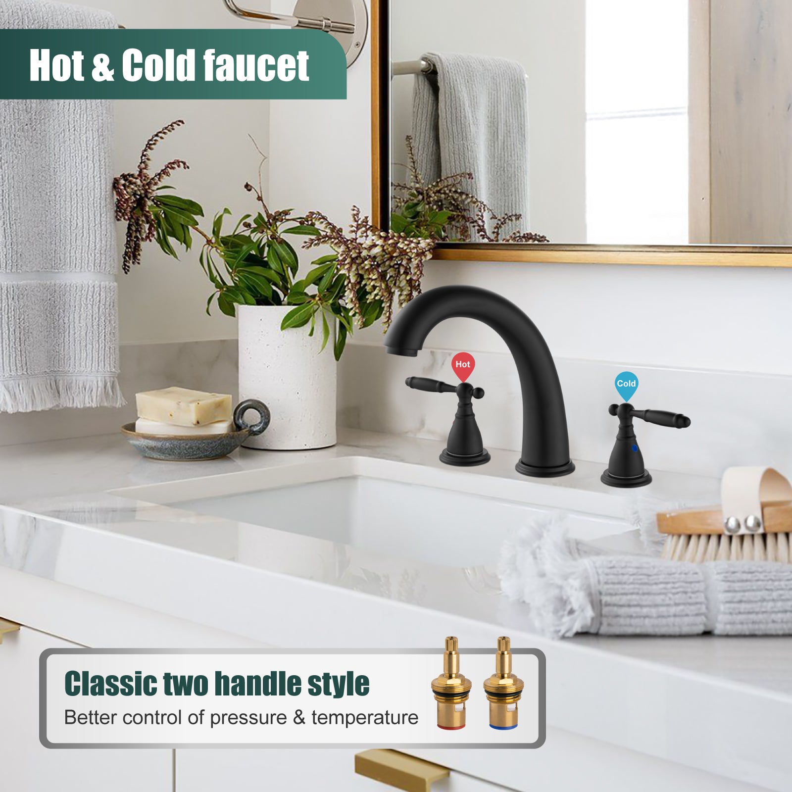 2 Handles SUS304 Stainless Steel 8-16 Inch Bathroom Basin Faucet with Pop Up Drain Deck Mount Divided Three Holes Toilet Sink Mixer Tap Simple Cabinet Grips Heyalan Mixer Faucet