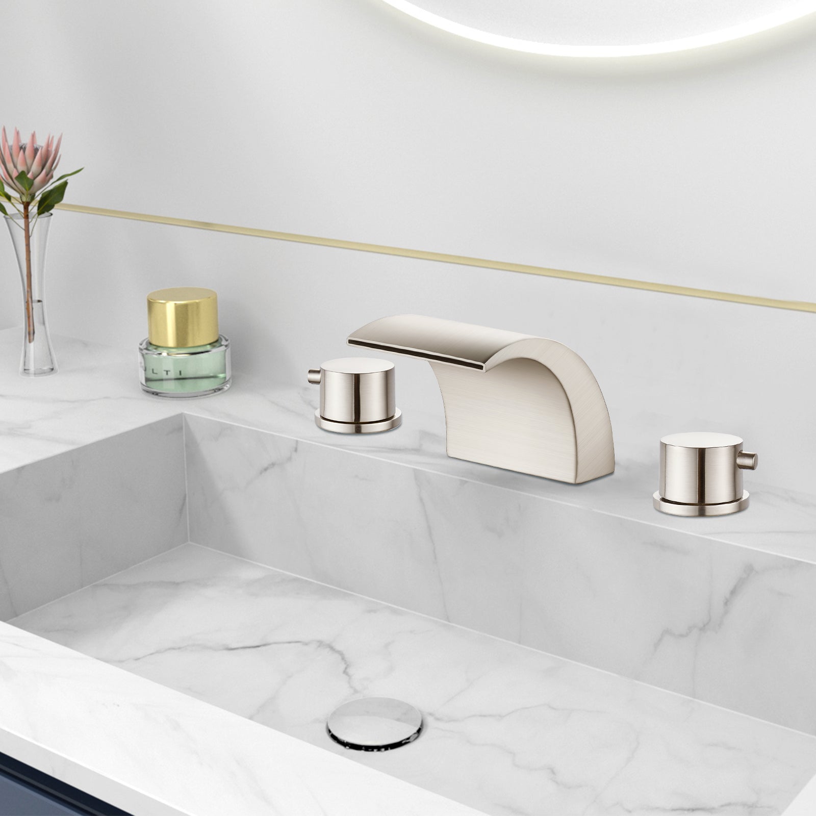 Heyalan Bathroom Widespread Sink Faucet Waterfall Spout 8 16 Inch Dual Handles Three Holes Deck Mount Pop Up Drain with Overflow Bathtub Basin Mixer Tap Commercial