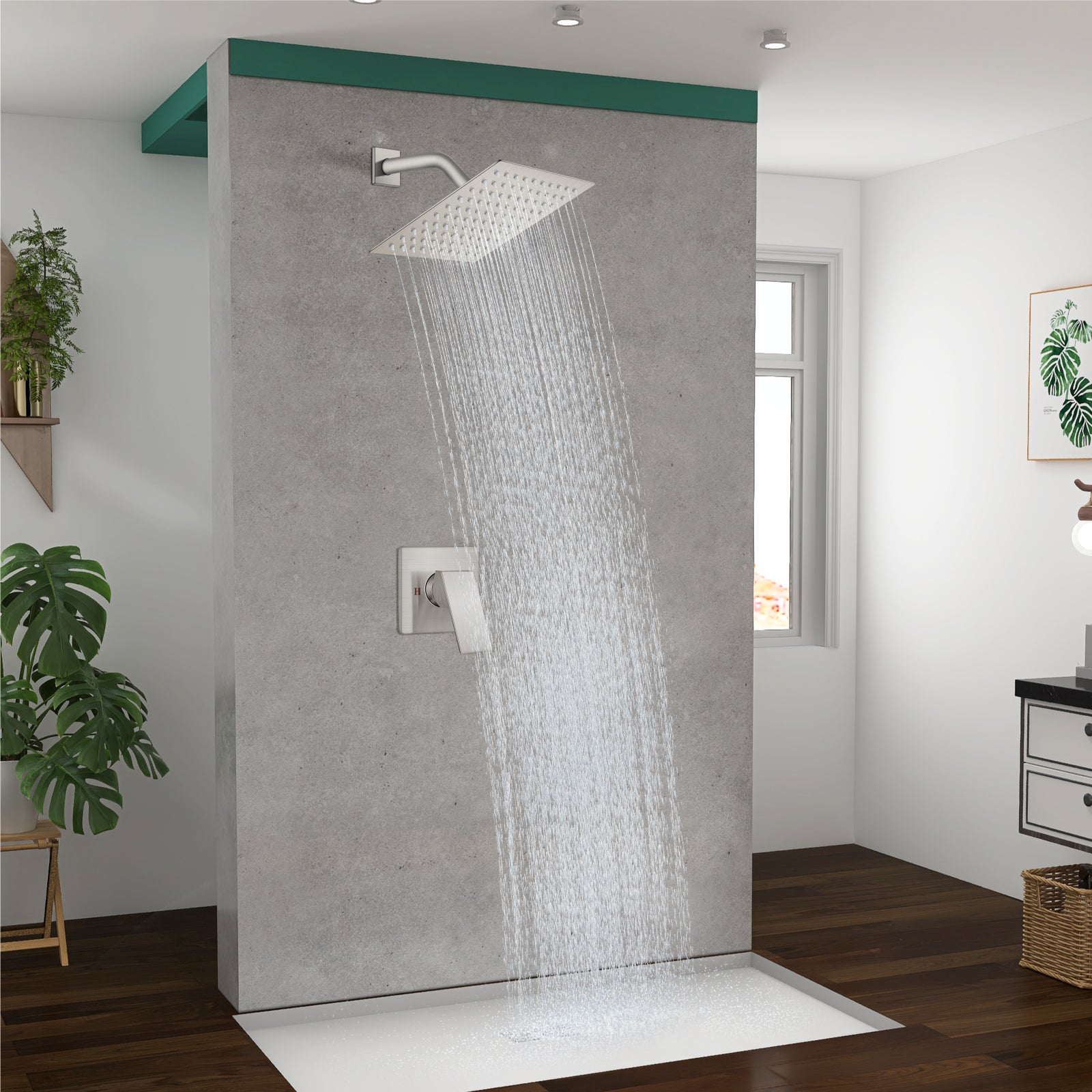 Shower Faucet Set Bathroom Rainfall Shower System Square SUS304 Stainless Steel Showerhead Single Function Shower Trim Kit 1 Handle with Rough-in Valve Male Thread 1/2" NPT